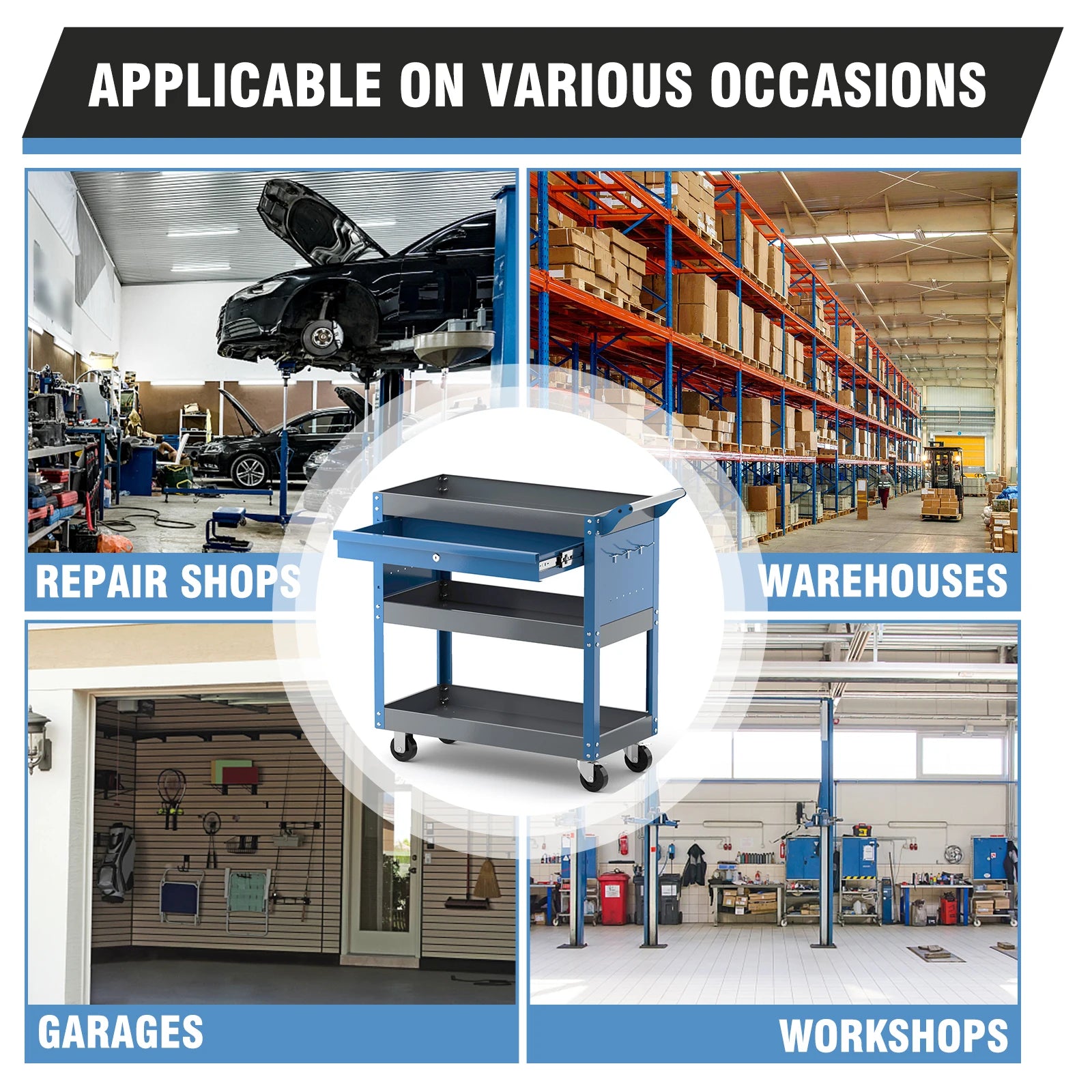 Versatile AIRAJ 3-Tier Rolling Tool Cart with Drawers and Pegboard - Heavy-Duty Metal Utility Cart for Efficient Storage and Easy Mobility