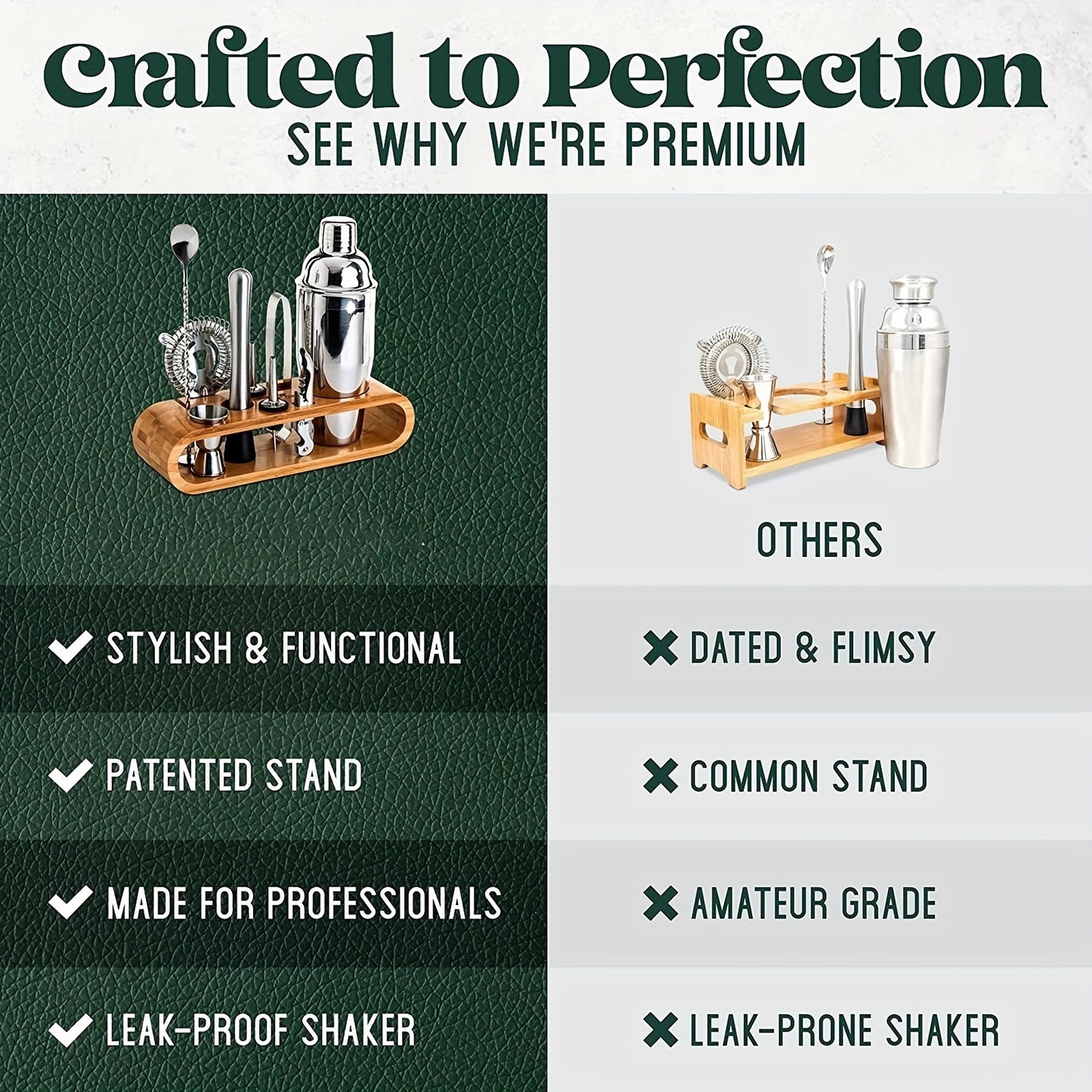 Heavy-Duty Stainless Cocktail Shaker Set & Bar Tools with Bamboo Stand