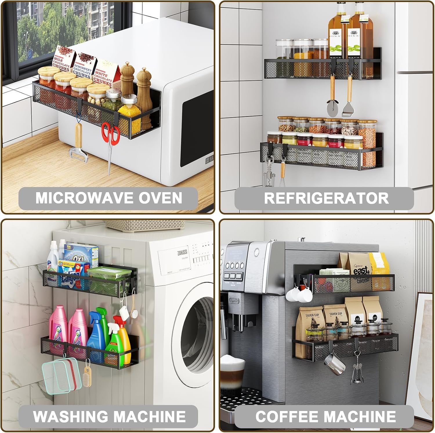 Magnetic Spice Rack Set - 2 Pack Fridge Organizer with Moveable Hooks for Ultimate Kitchen Storage