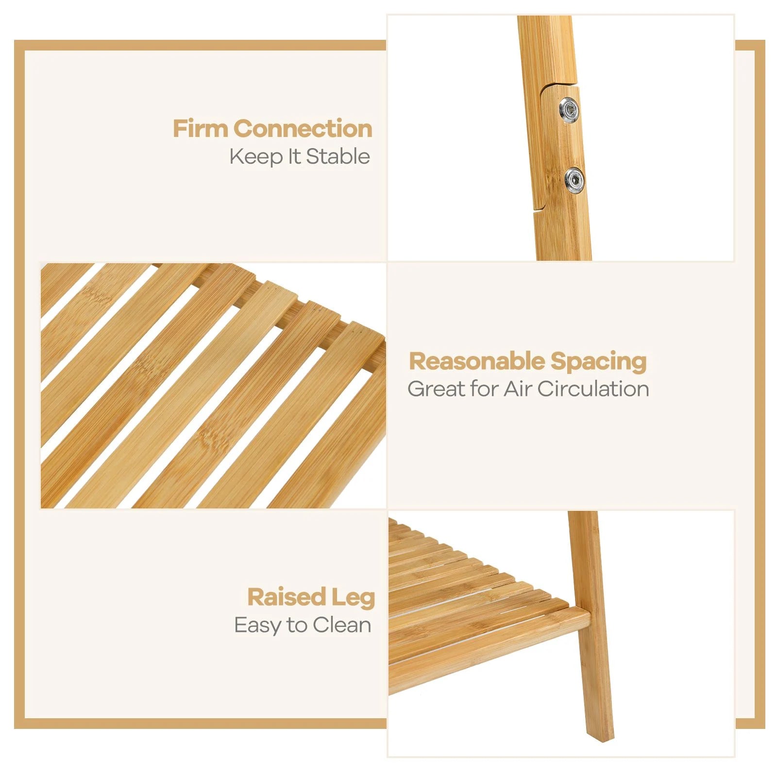 Bamboo Clothing Rack with Hanging Rod, Two Shelves, and Hooks