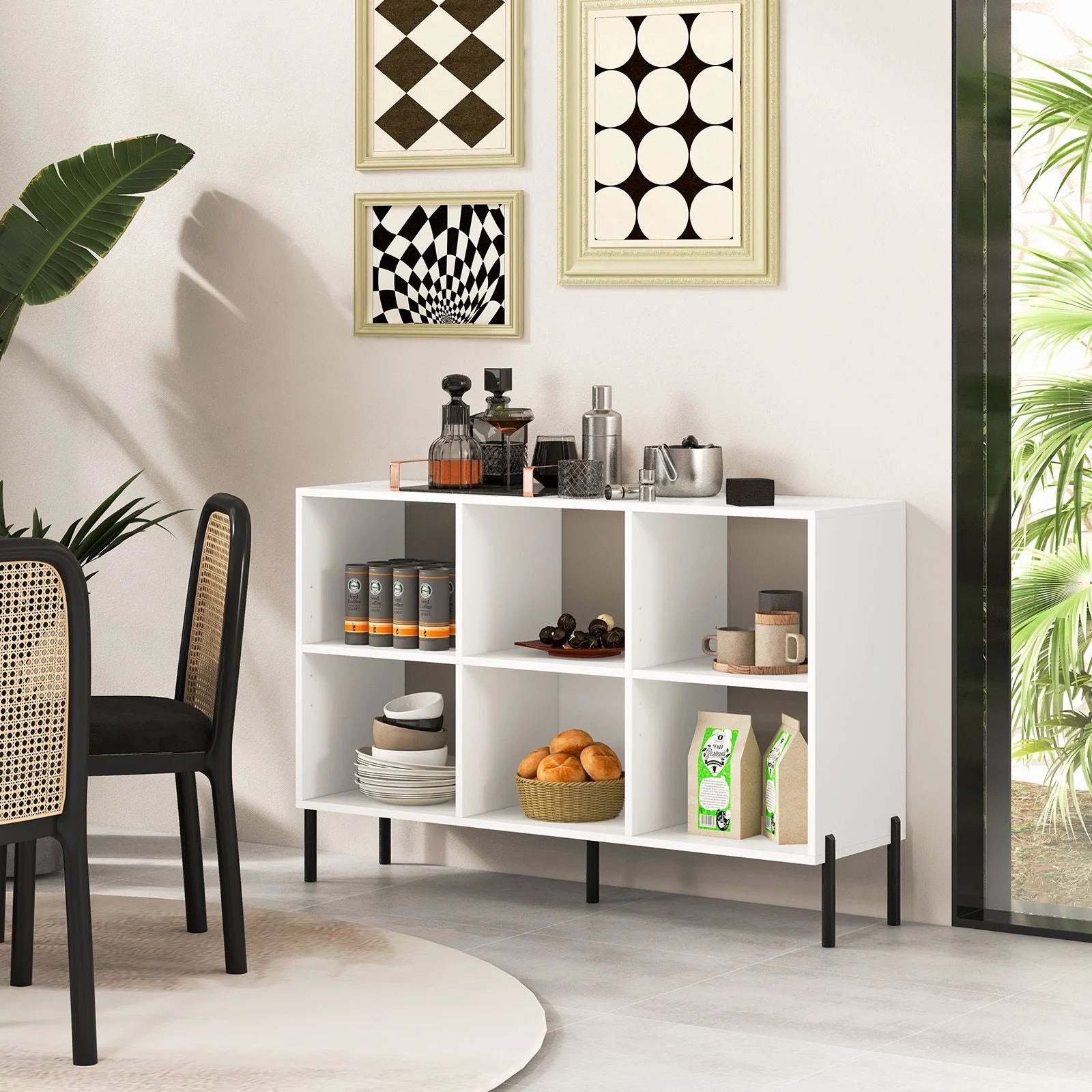 6-Cube Storage Bookcase Wooden Open Bookshelf with 5 Metal Legs