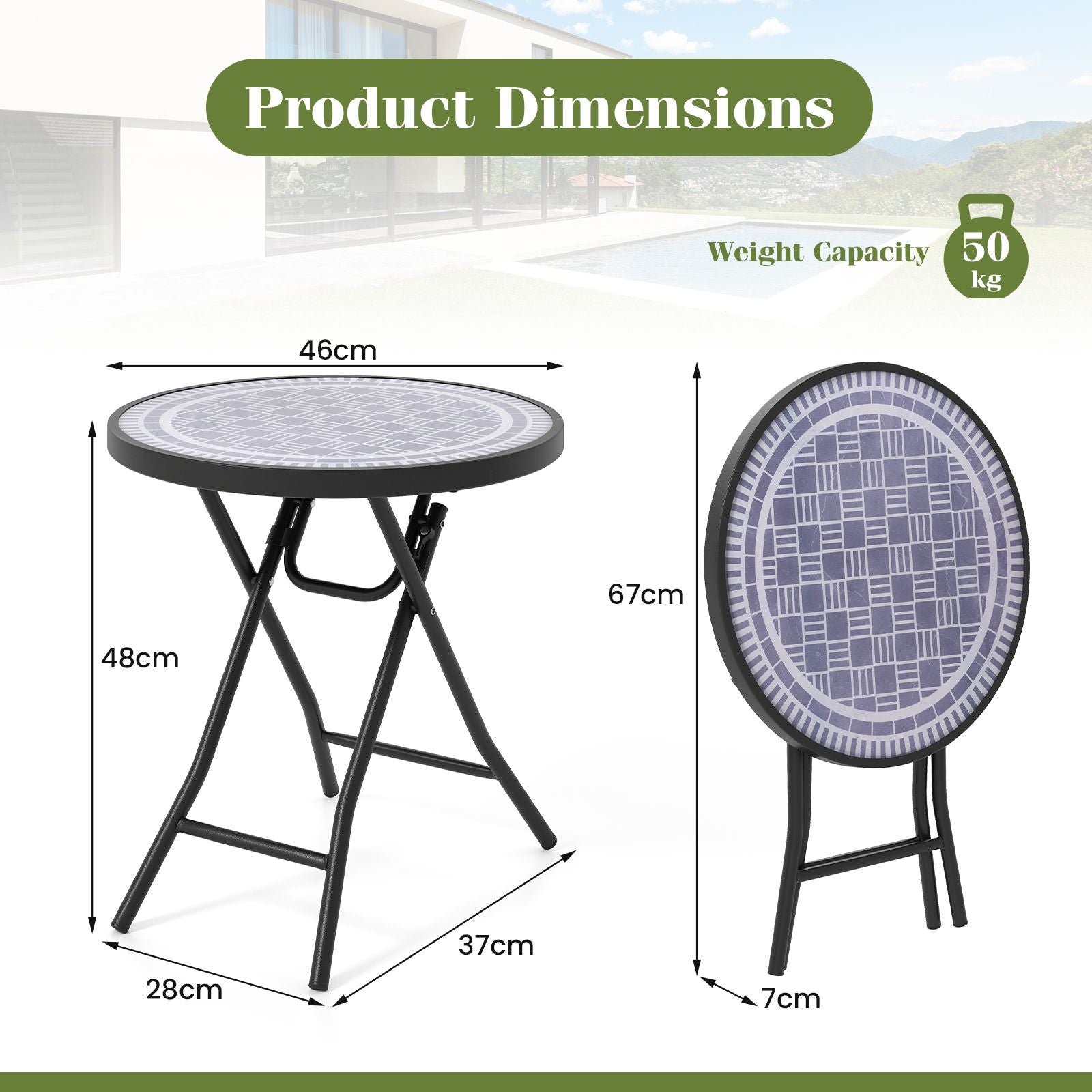 Round Folding Patio Coffee Table with Tempered Glass Top
