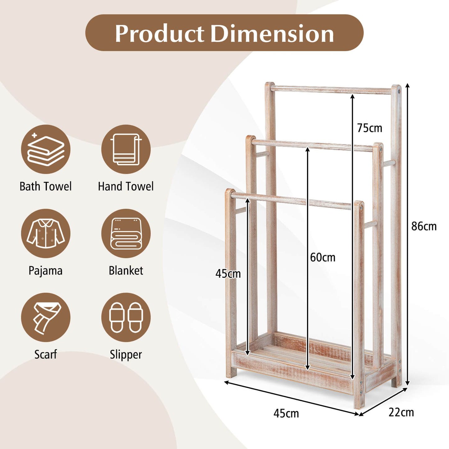 Freestanding Wood Towel Rack with 3 Individual Bars and Bottom Storage Shelf