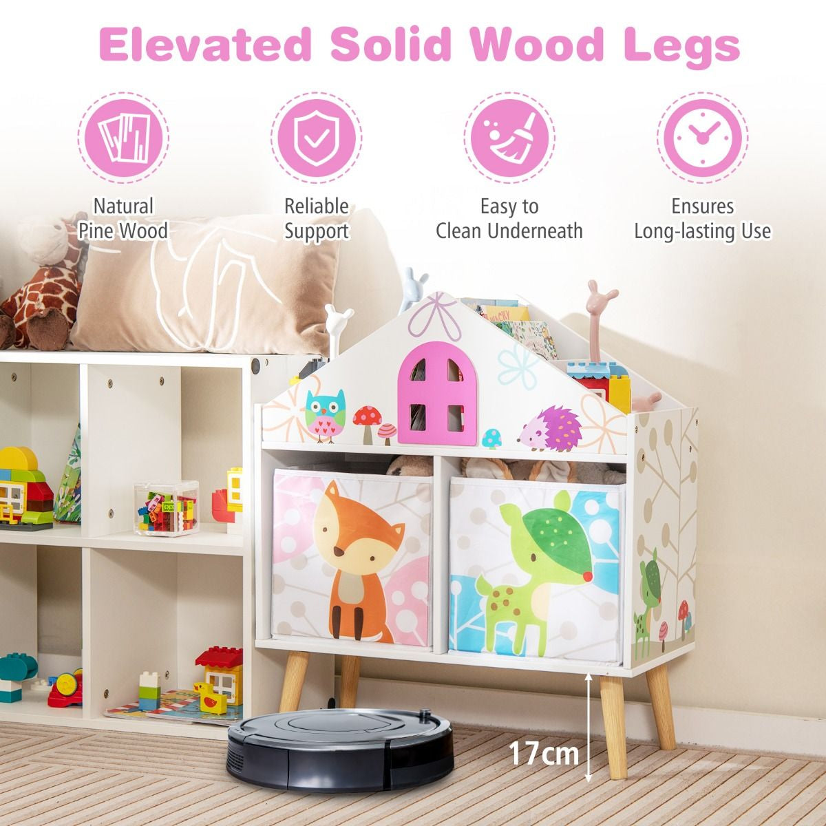 Children's House-Shaped Bookshelf with Two Storage Bins and Elevated Solid Wood Legs