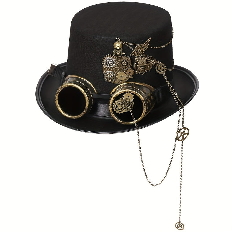Heavy Metal Chain Teeth Skull Steampunk Hat with Detachable Goggles - Adjustable Unisex Gothic Victorian Accessory for Halloween, Cosplay & Role Play (22.83-23.23inch, Lightweight)