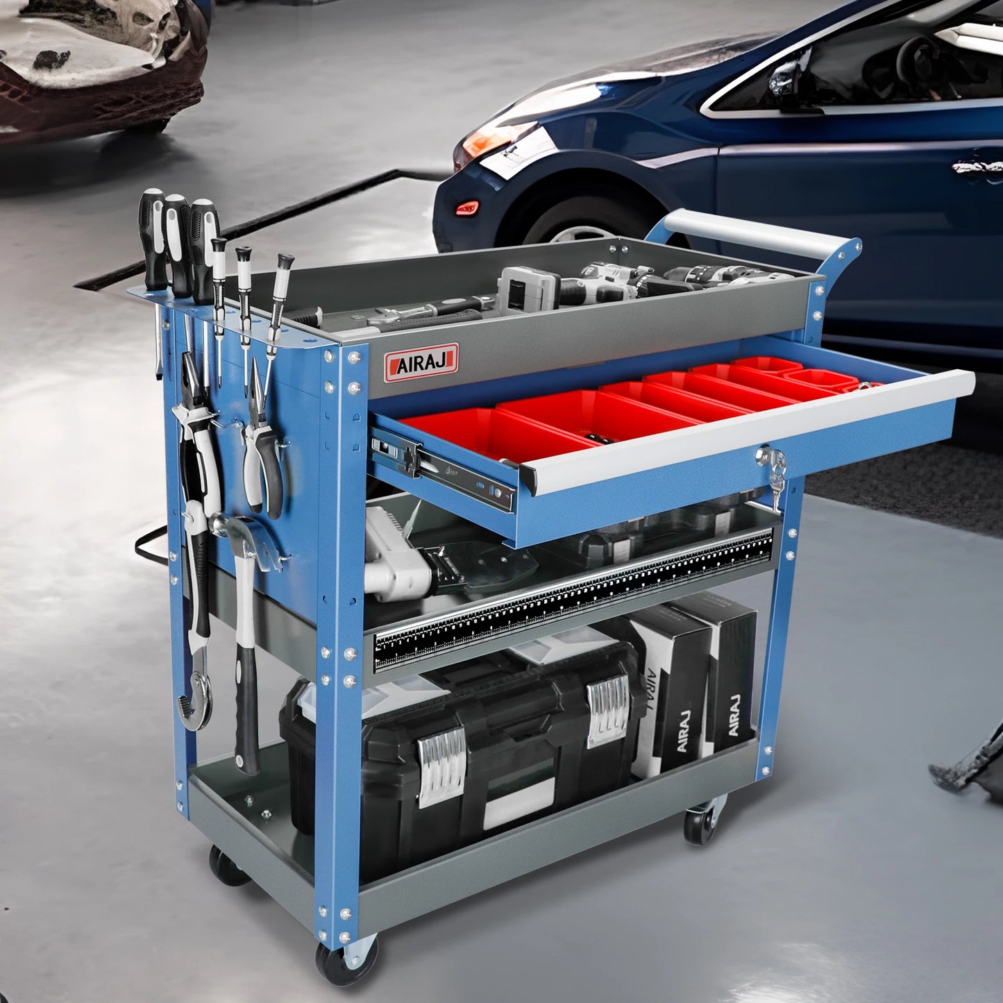 Versatile AIRAJ 3-Tier Rolling Tool Cart with Drawers and Pegboard - Heavy-Duty Metal Utility Cart for Efficient Storage and Easy Mobility