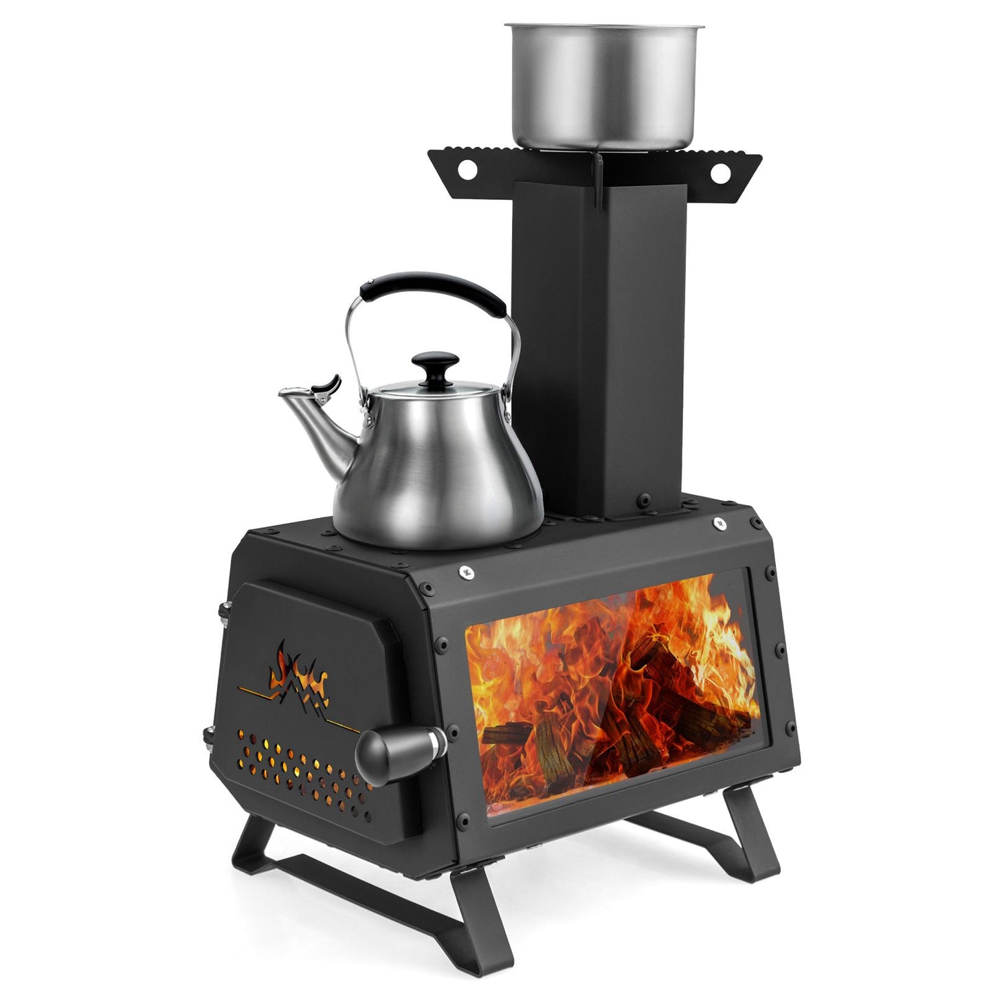 Portable Wood Burning Stove Featuring Dual Cooking Positions