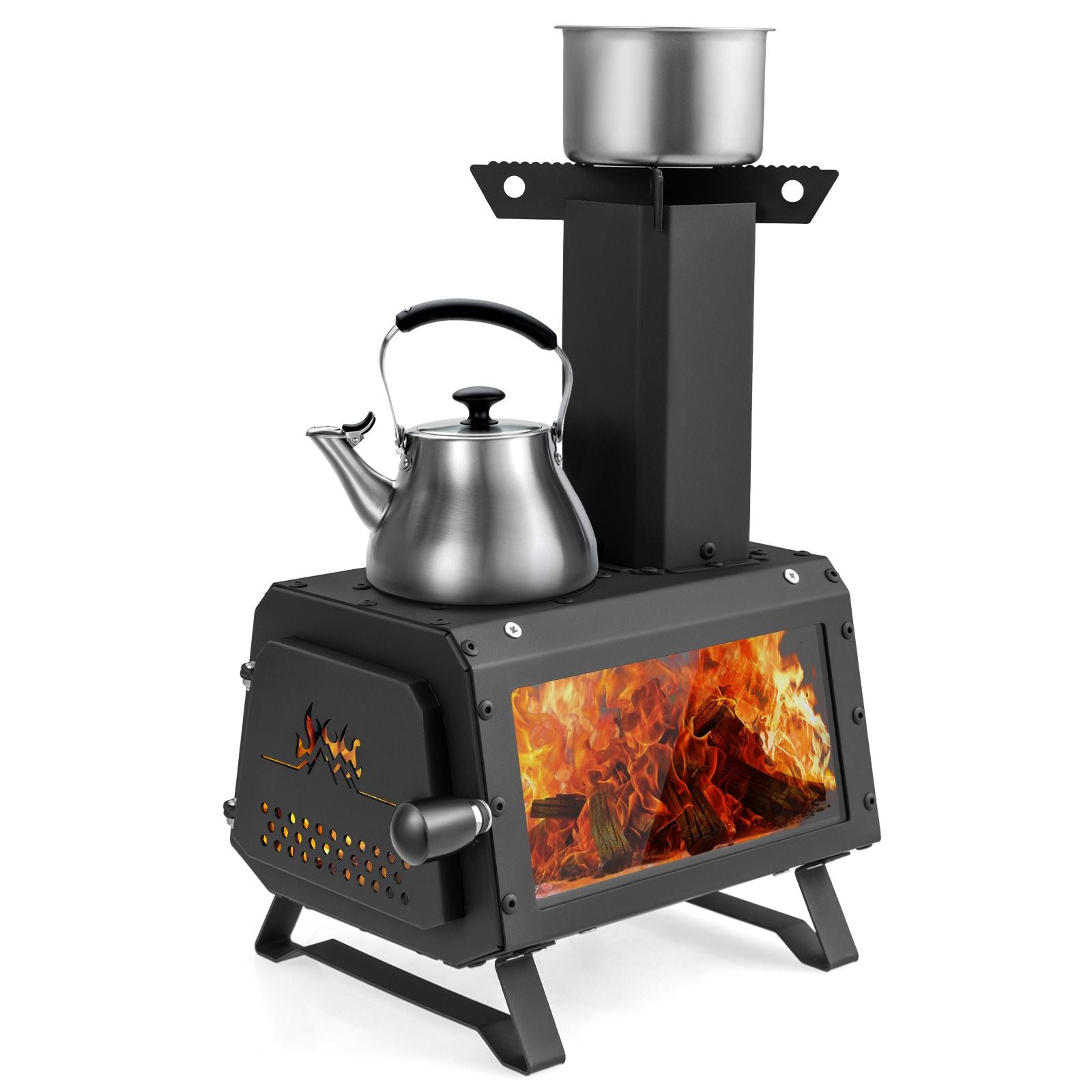 Portable Wood Burning Stove Featuring Dual Cooking Positions
