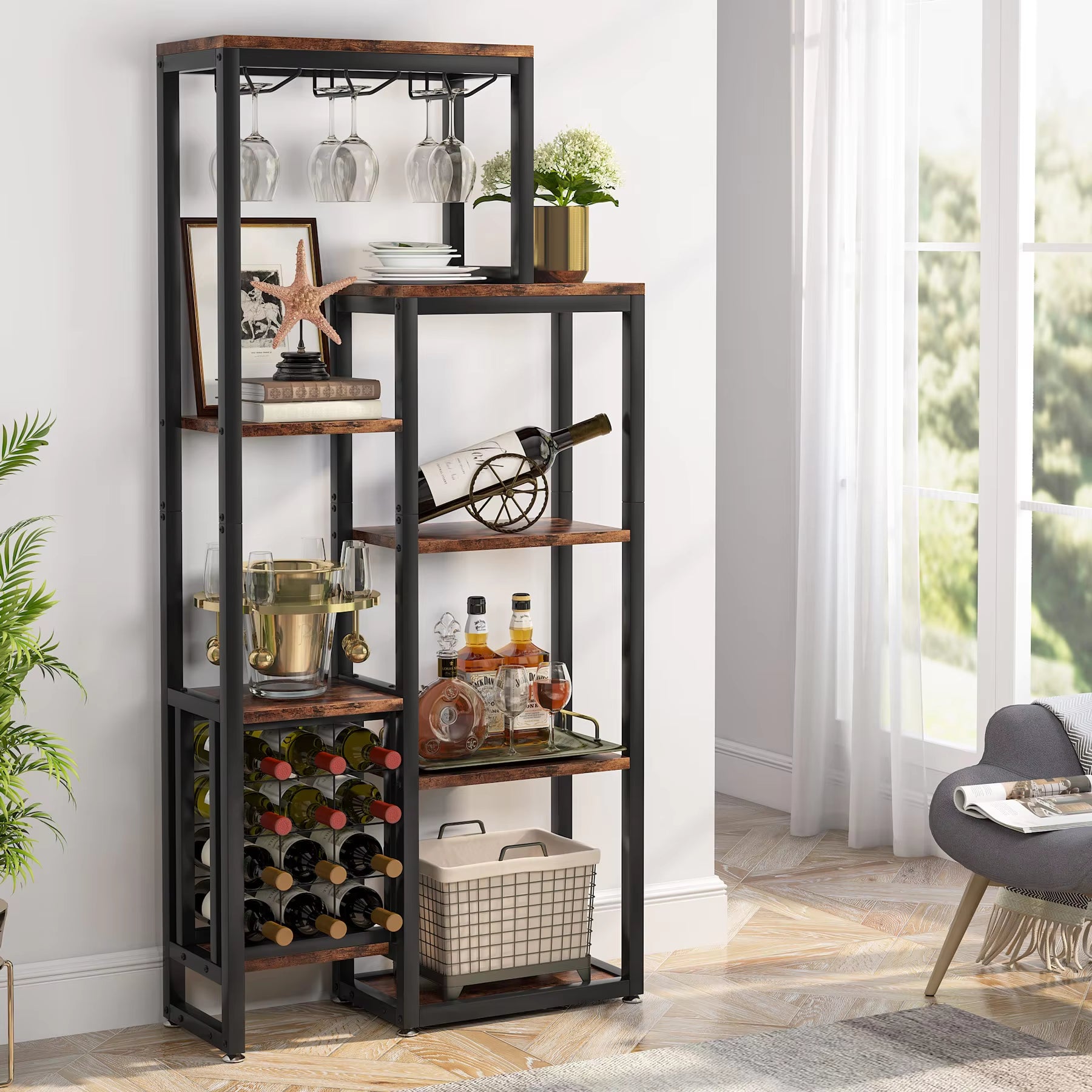 Wine Rack Freestanding Floor, 5-Tier Wine Baker Rack with Glass Holder 
