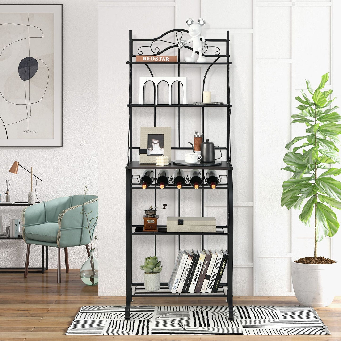5-Tier Freestanding Baker's Rack with Integrated Wine Rack and Adjustable Feet