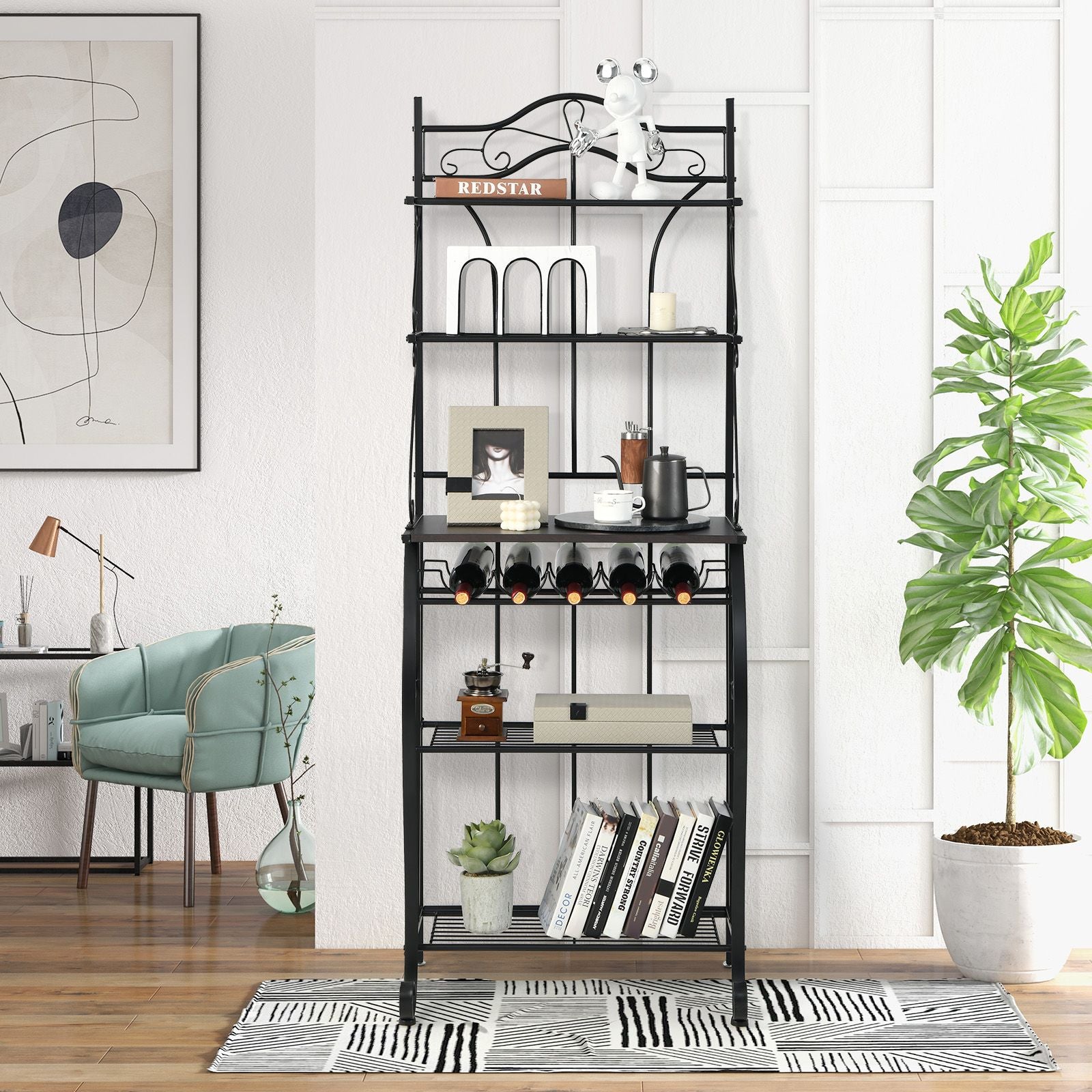 5-Tier Freestanding Baker's Rack with Integrated Wine Rack and Adjustable Feet