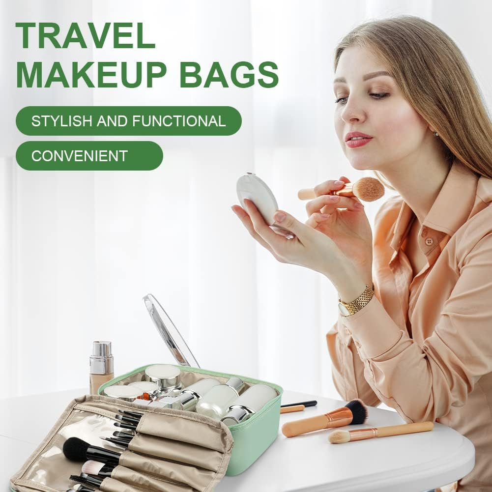 Large Portable Makeup Organizer Bag for Women and Girls - Travel Cosmetic Bag (Green)