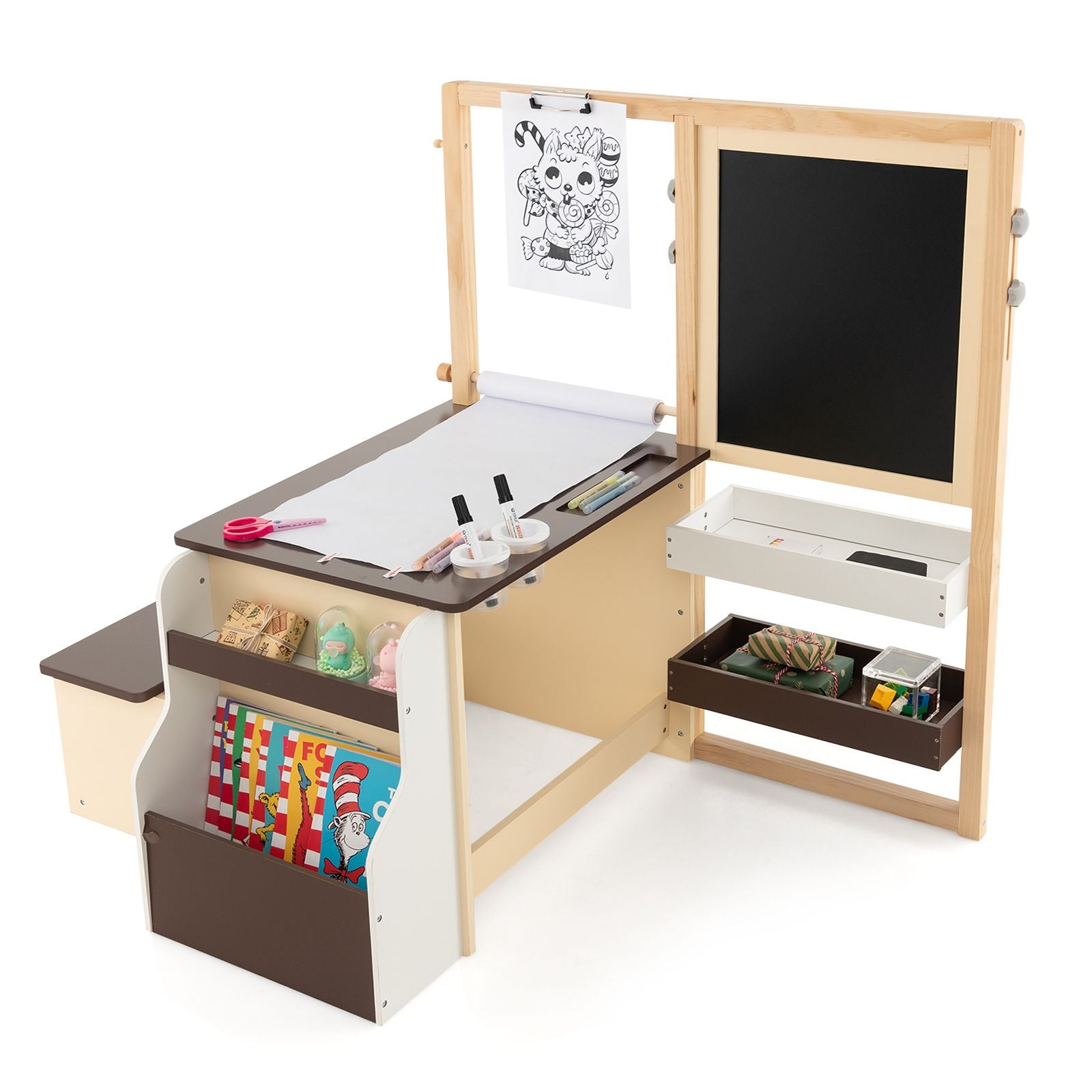Delightful Children's Art Easel Table and Bench Set with Adjustable Easel and Integrated Bookshelf for Creative Play