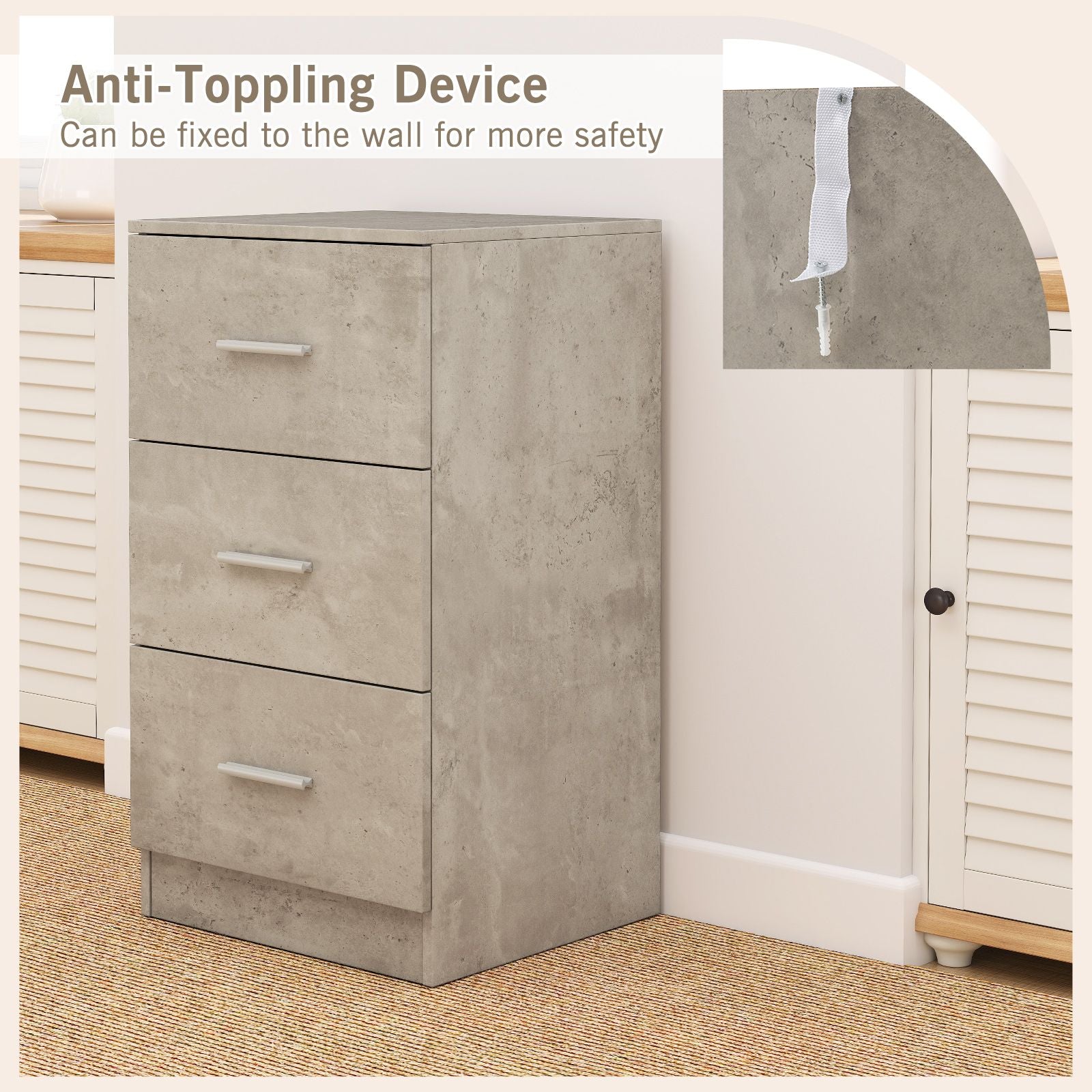 3-Drawer Wooden Dresser with Anti-Tip Safety Feature