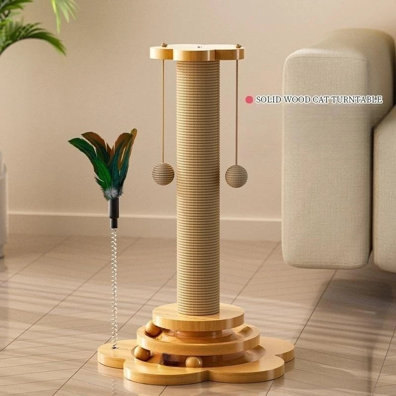 Interactive Solid Wood Cat Turntable with Sisal Scratching Board and Fun Ball Toys - Durable Cat Supplies for Endless Play!