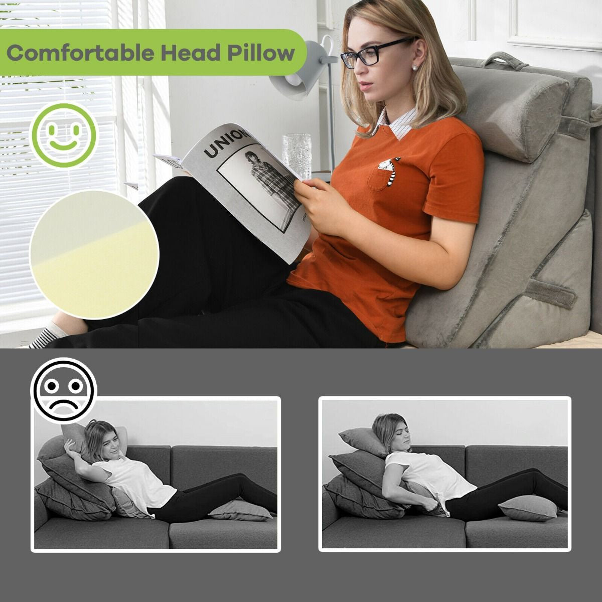 Elevated Bed Wedge Pillow with Headrest and Removable Washable Cover for Reading Comfort