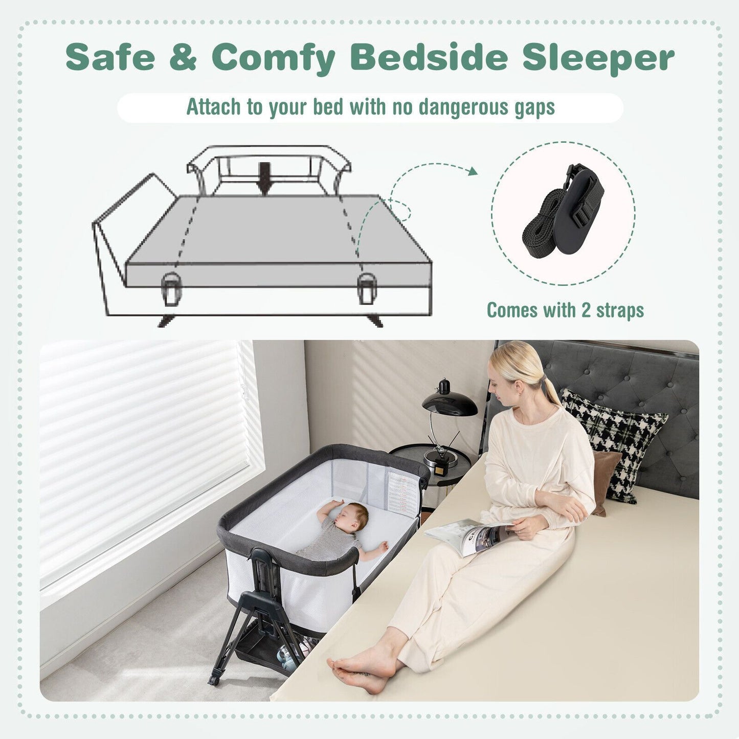Infant Bedside Crib with Mattress for Newborns up to 9kg