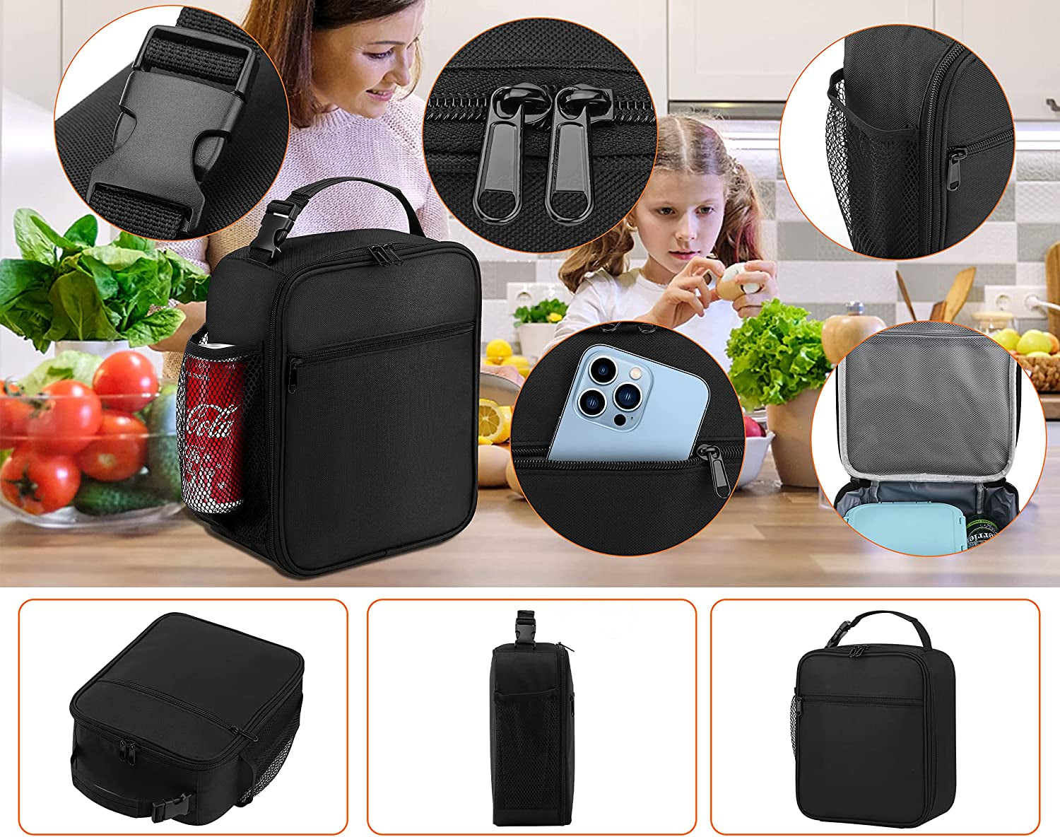Lunch Box for Men - Reusable Lunch Bag Men Adult Women- Insulated Small Lunchbox (Black