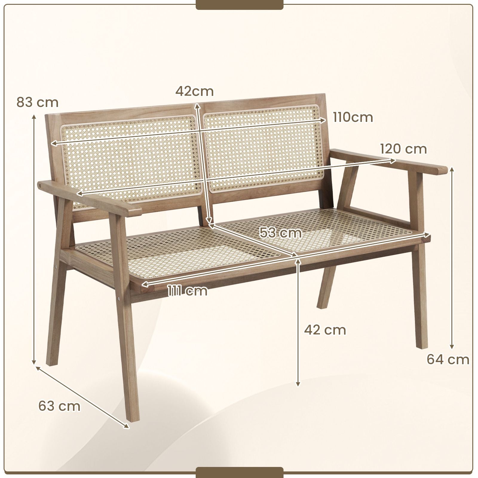 Teak Wood Outdoor Garden Bench with Armrests and Rattan Backrest and Seat