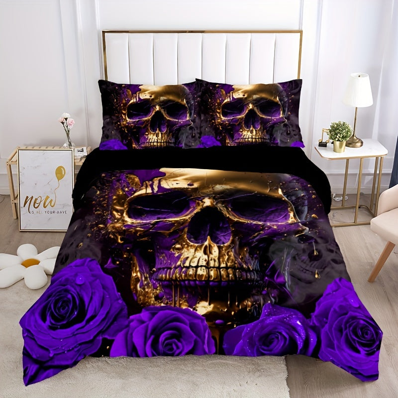 3pcs Soft Purple Rose Skull Pattern Breathable Duvet Cover Set for Bedroom, Guest Room, and Dorm Decor - Includes 1 Duvet Cover and 2 Pillowcases (Core Not Included) For Halloween