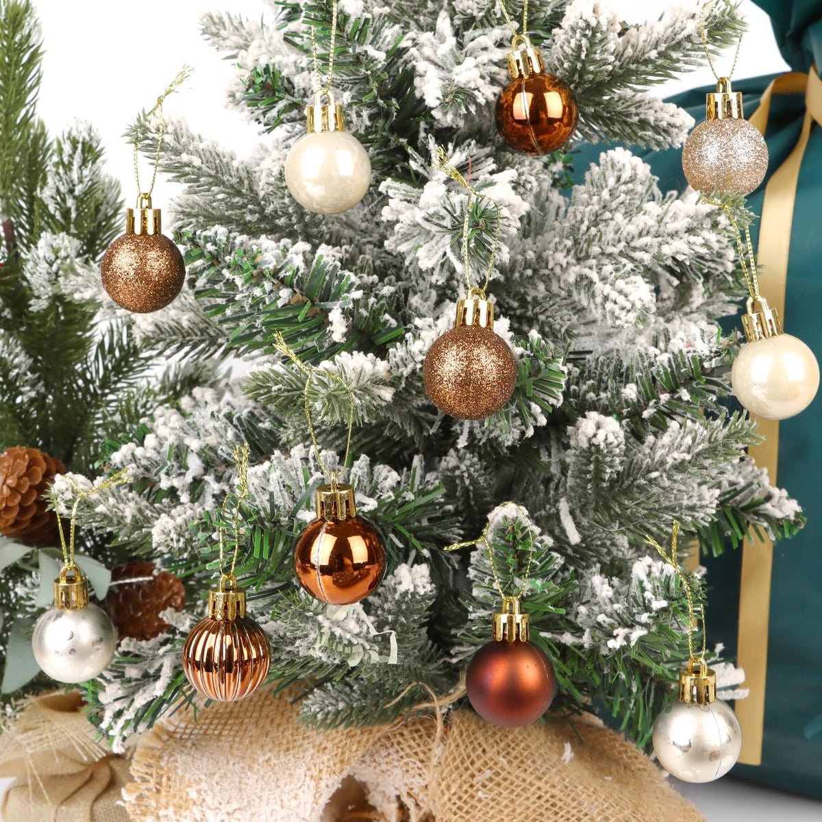 Mini Christmas Baubles Set, 49 Pieces 3cm Glittering Copper and Silver Ornaments for Holiday Tree Decoration