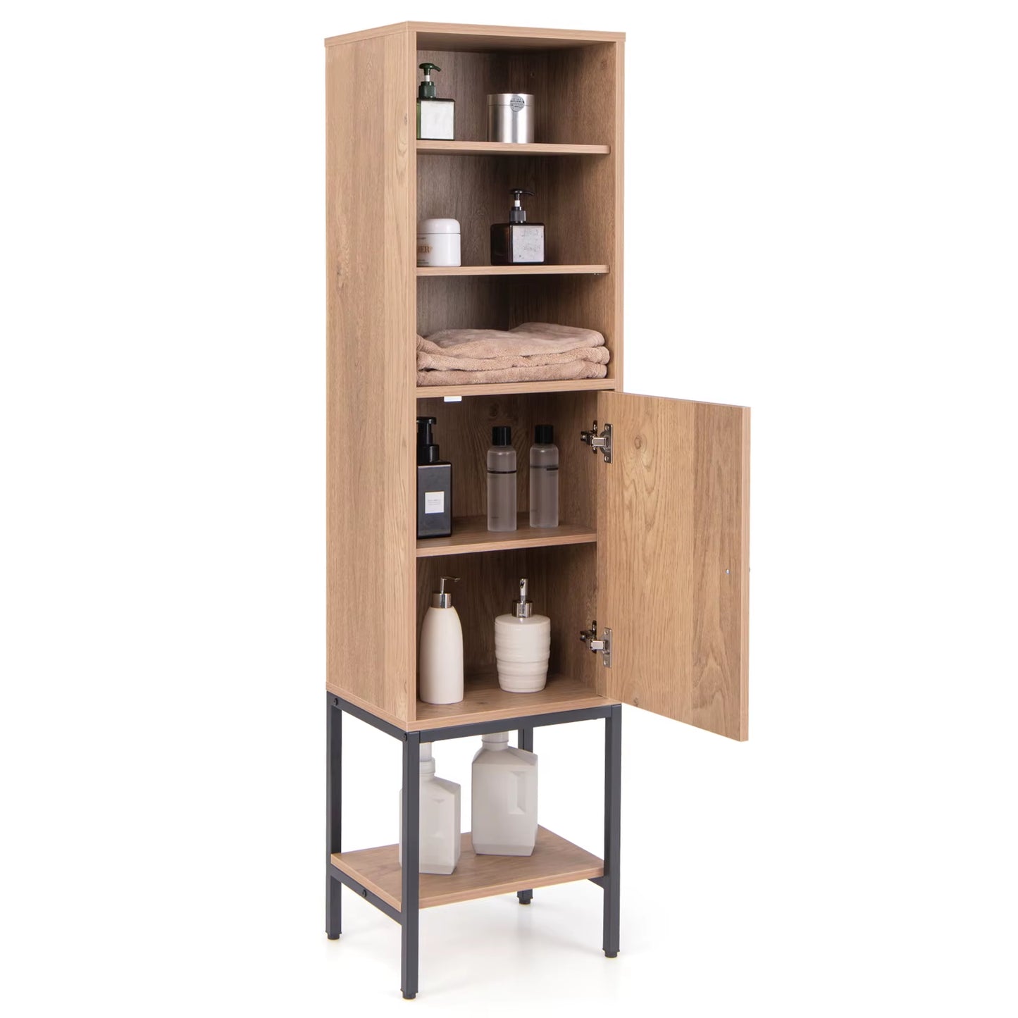 Freestanding Storage Cabinet, Tall Pantry Cupboard W/ 3 Open Shelves, Single-Door Cabinet, Anti-Tipping Kit