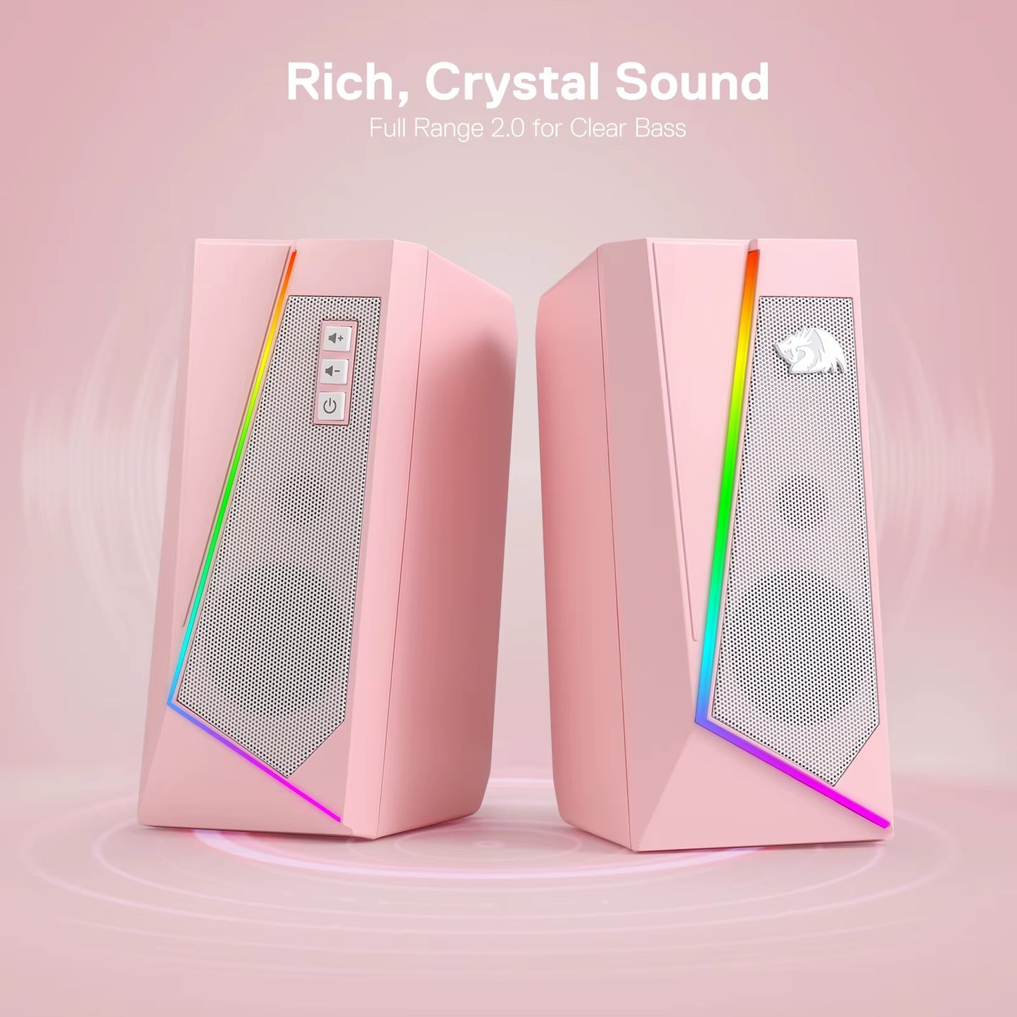 Vibrant GS520 RGB Desktop Speakers - 2.0 Channel PC Stereo with 6 LED Modes & Enhanced Sound in White/Pink