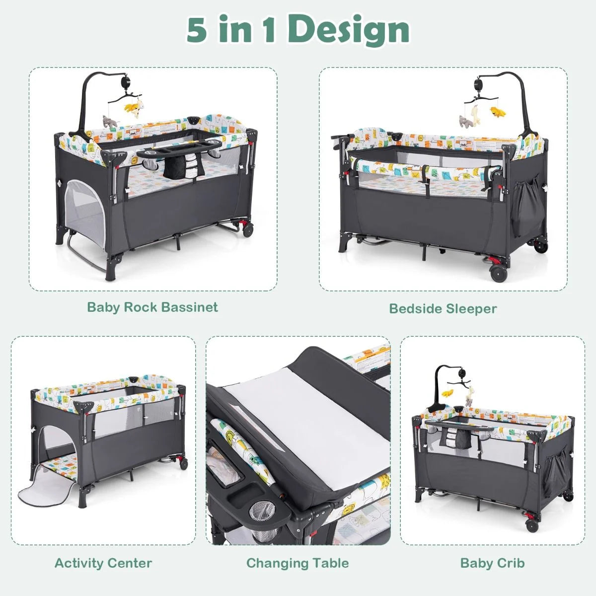 Versatile 5-in-1 Baby Bassinet & Bedside Sleeper with Nappy Changing Station and Fun Attached Toys