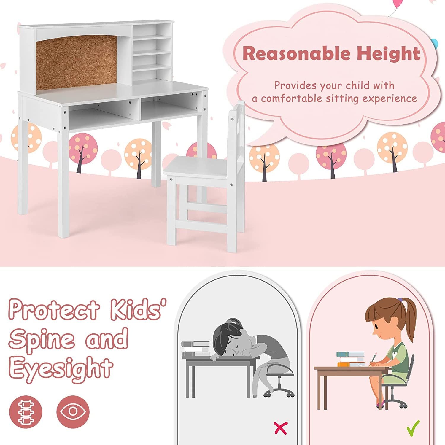 Kids Wooden Desk and Chair Set with Hutch for Study and Reading