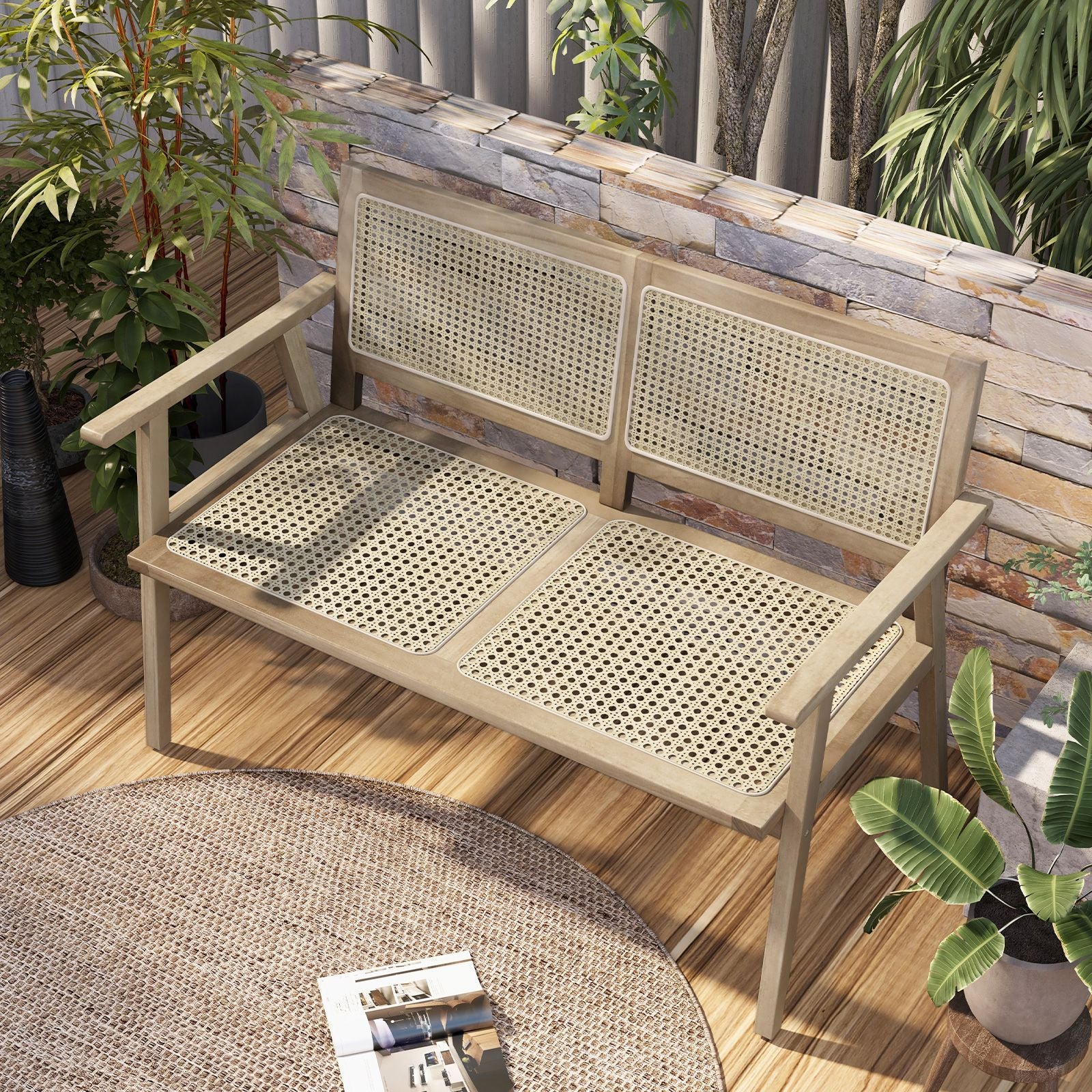 Teak Wood Outdoor Garden Bench with Armrests and Rattan Backrest and Seat