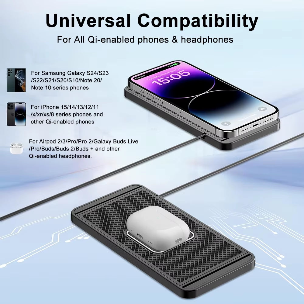 Ultimate Car Wireless Charger Pad - Non-Slip Silicone Fast Induction Charging for iPhone 15/14/13/12, Samsung S24/S23, Xiaomi