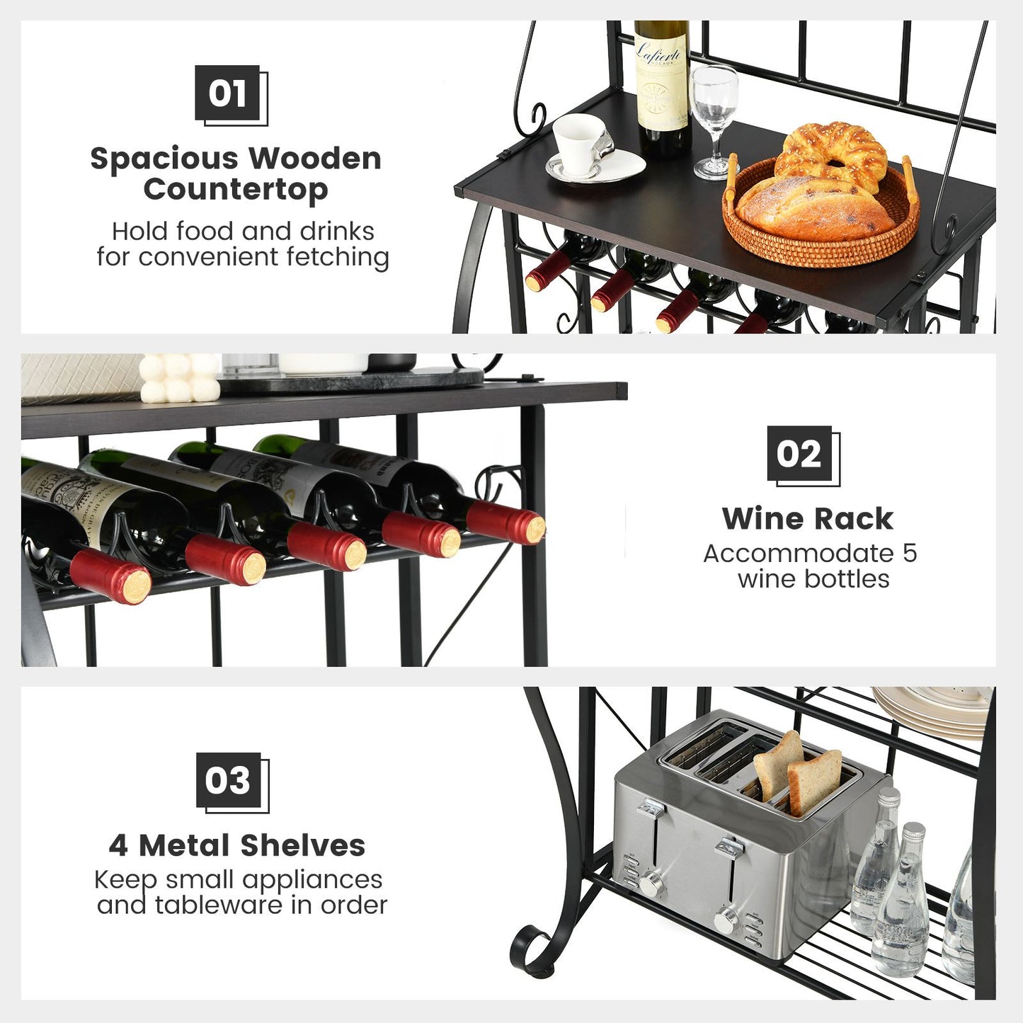 5-Tier Freestanding Baker's Rack with Integrated Wine Rack and Adjustable Feet