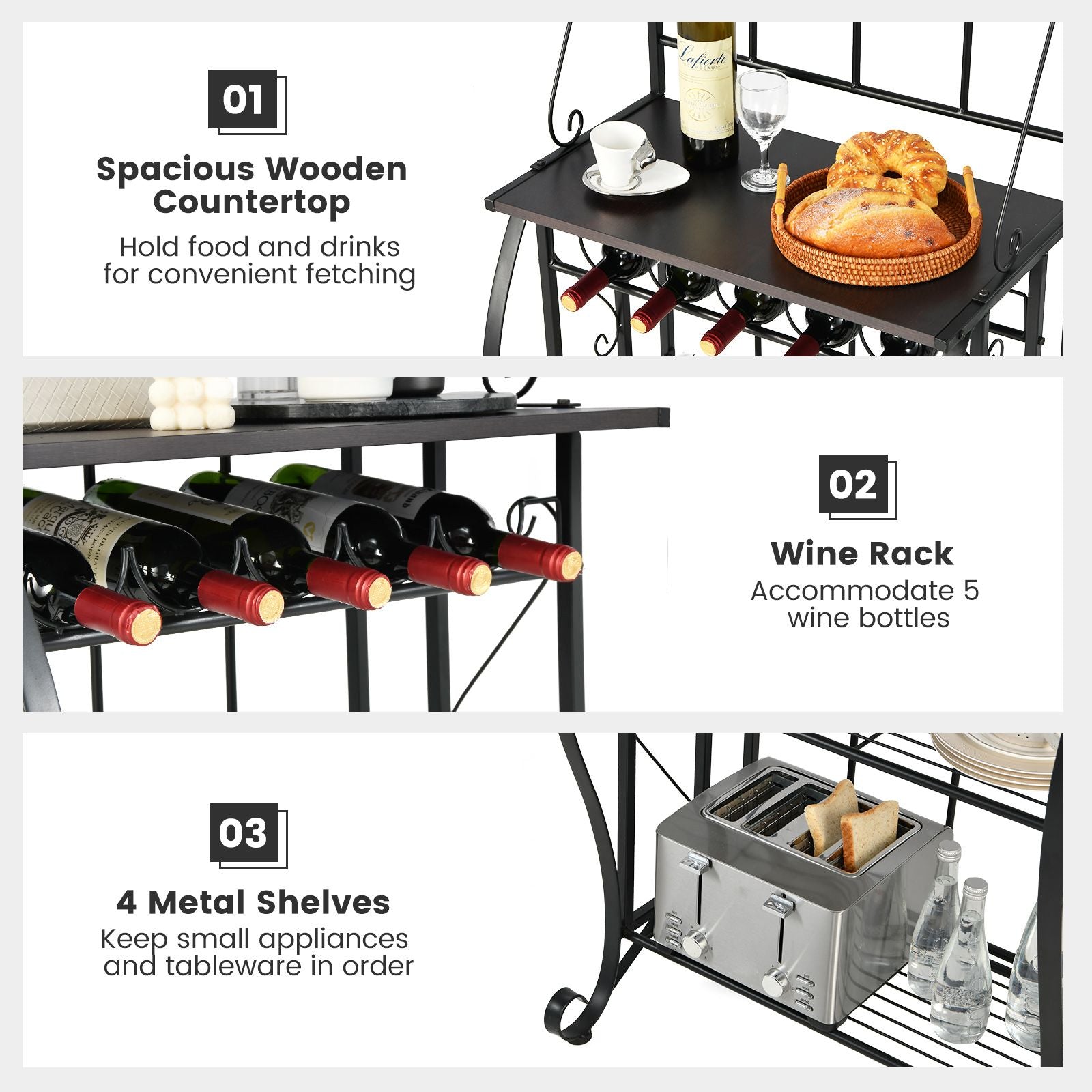 5-Tier Freestanding Baker's Rack with Integrated Wine Rack and Adjustable Feet