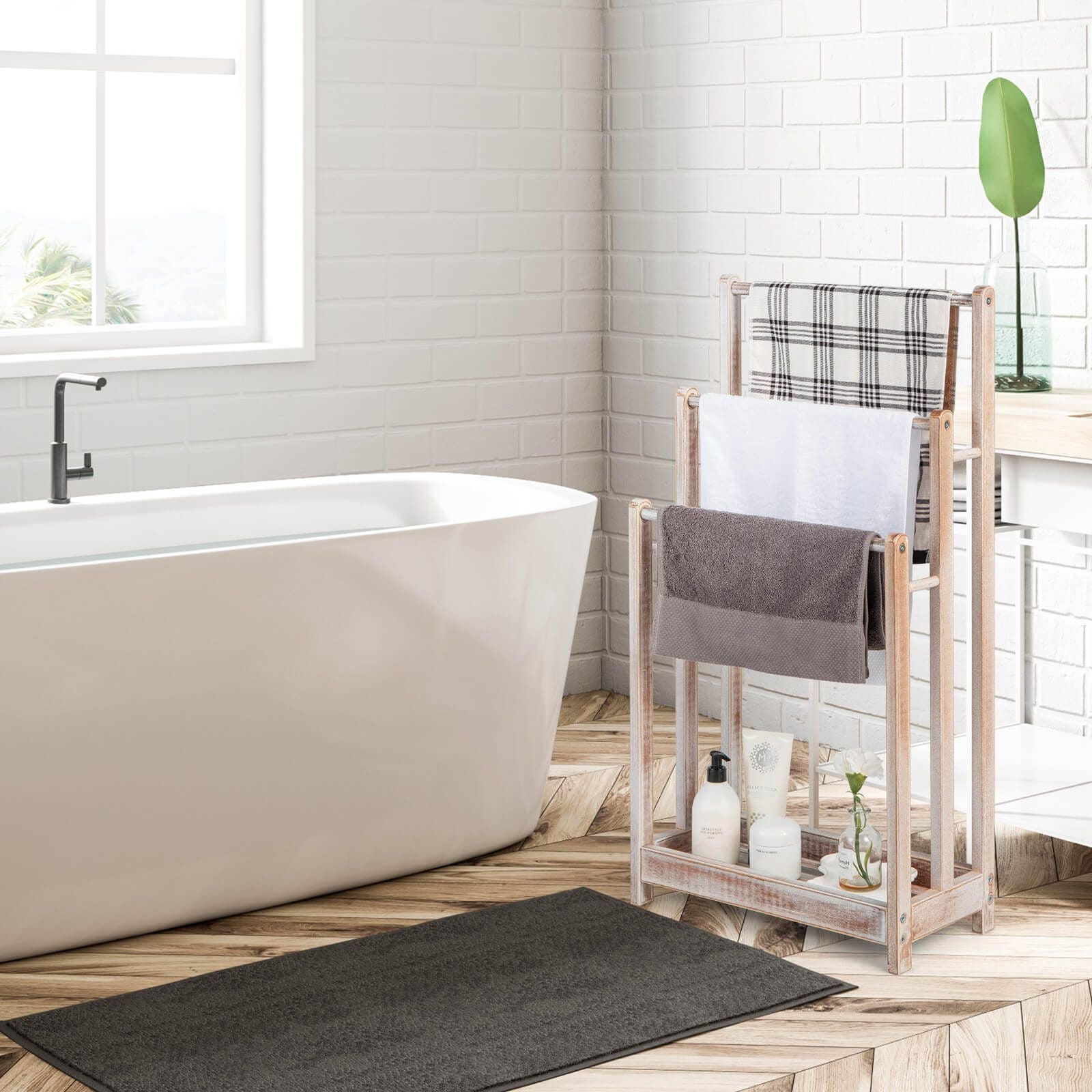 Freestanding Wood Towel Rack with 3 Individual Bars and Bottom Storage Shelf