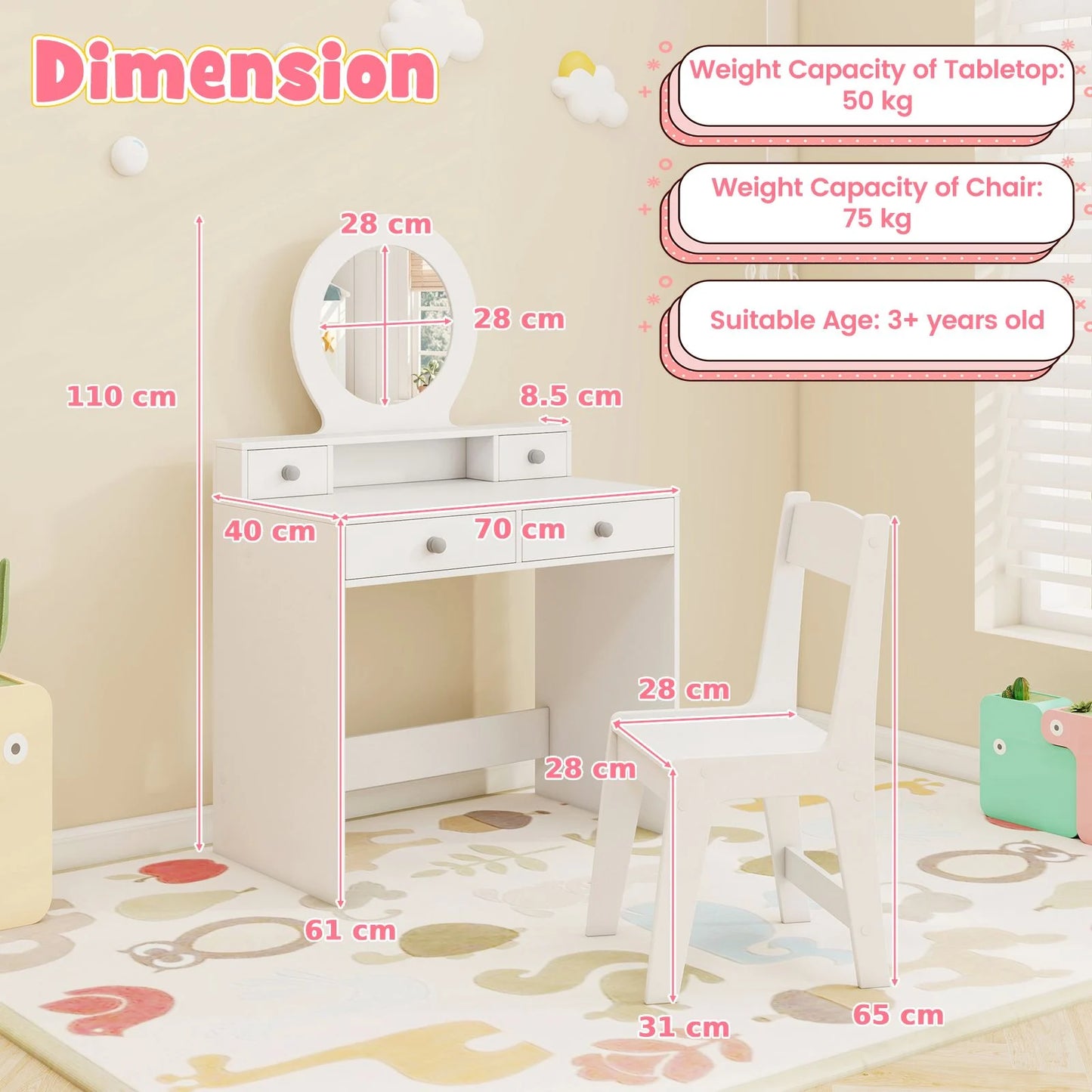 Children's Vanity Set Featuring Open Shelf and Four Storage Drawers