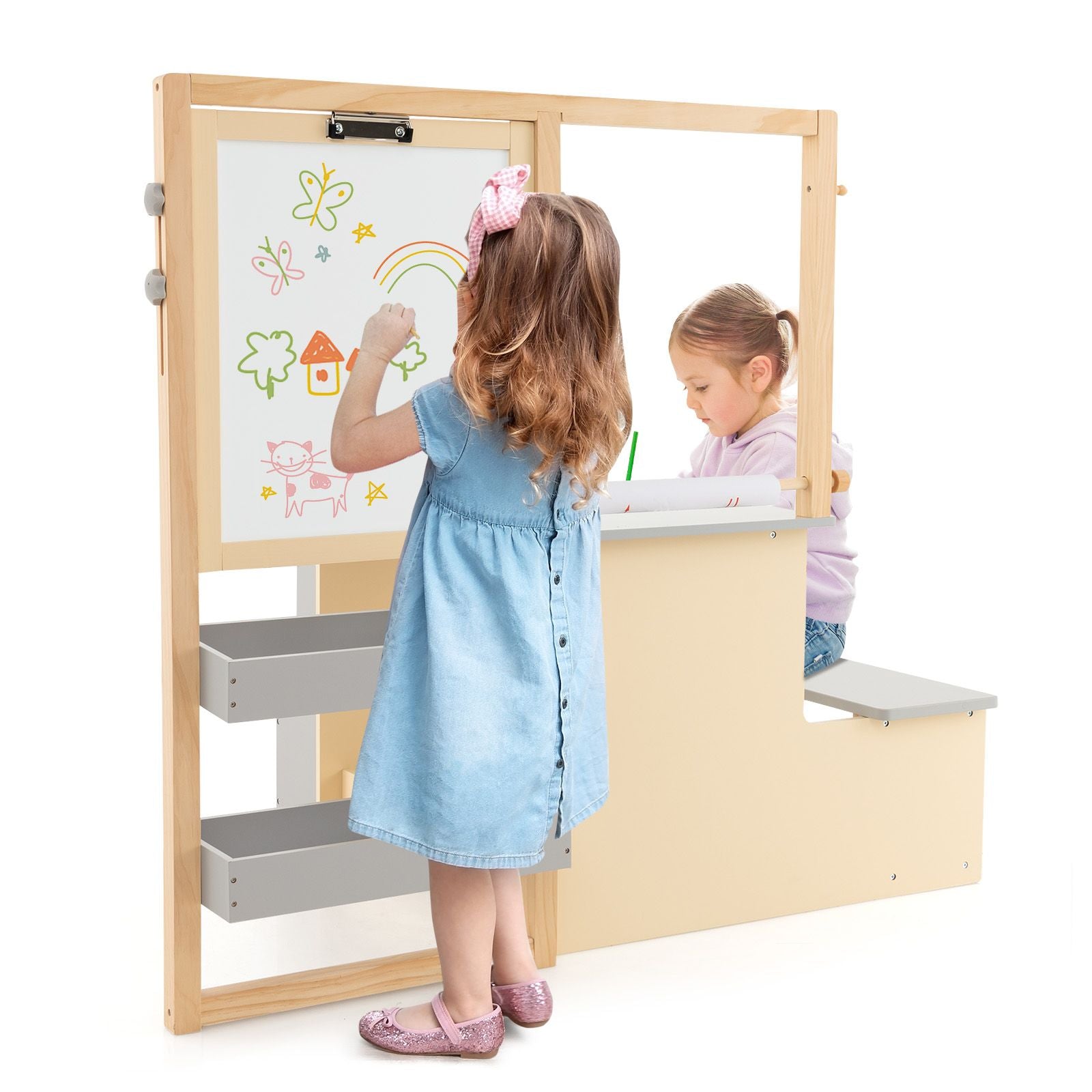Delightful Children's Art Easel Table and Bench Set with Adjustable Easel and Integrated Bookshelf for Creative Play