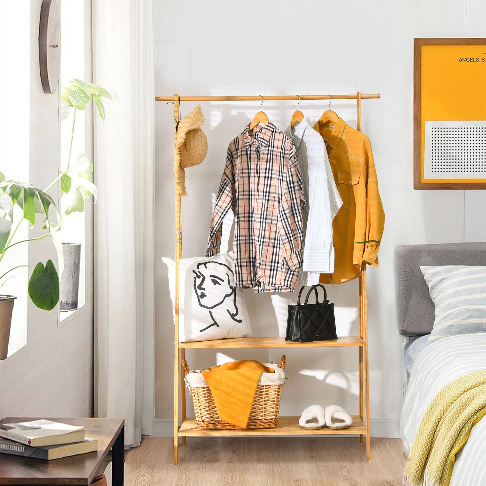 Bamboo Clothing Rack with Hanging Rod, Two Shelves, and Hooks