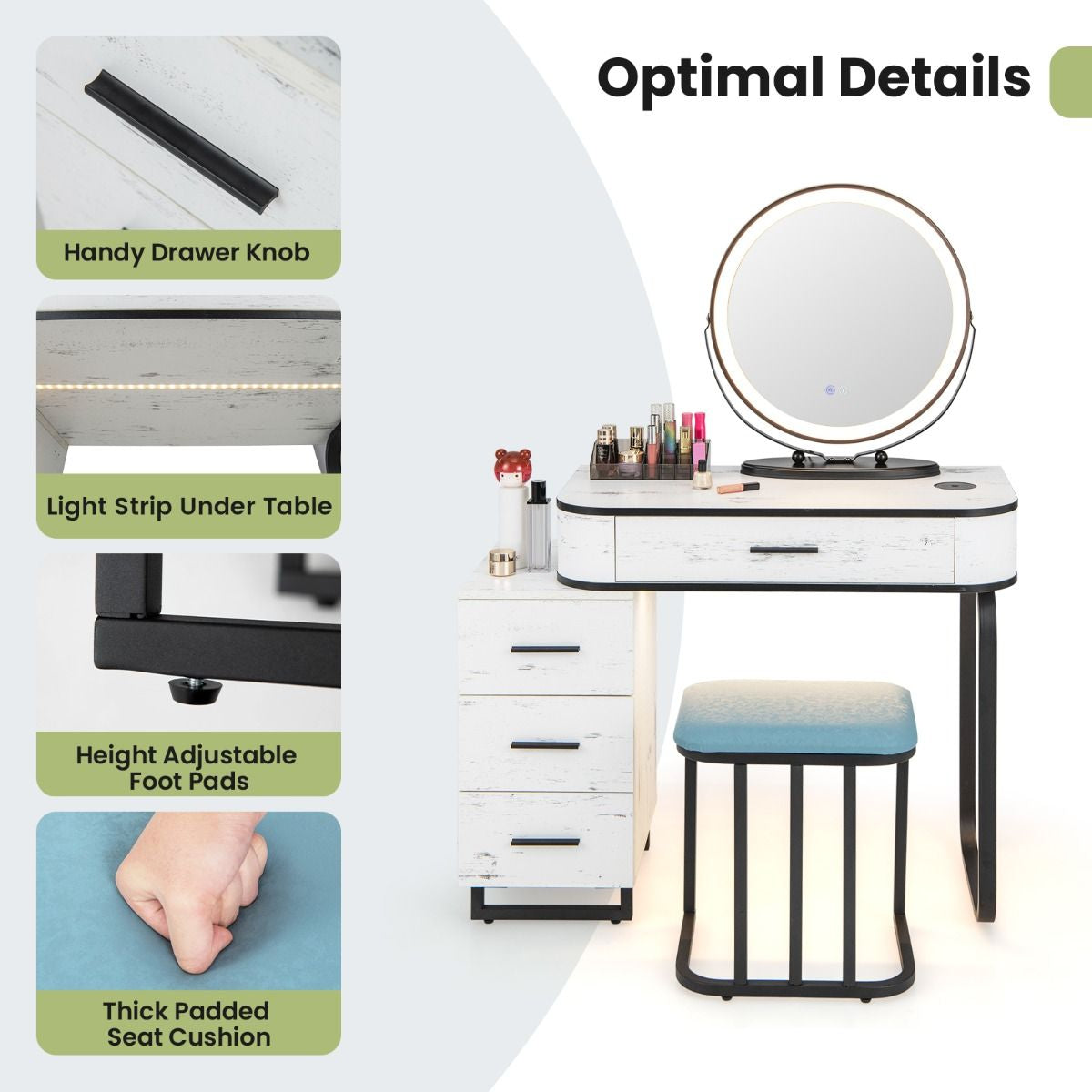 Vanity Table and Stool Set with Adjustable 3-Color Touch Screen Lighted Swivel Mirror