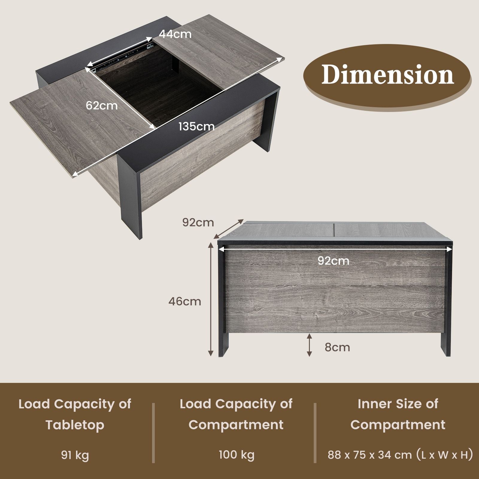 92cm Square Coffee Table with Sliding Top and Concealed Storage Compartment