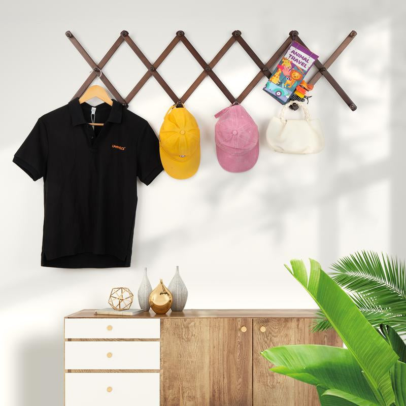 Expandable Accordion Peg Rack with 16 Hooks - Versatile Wooden Organizer for Hats, Coats, Tools & More - Space-Saving Storage Solution for Home, Garage & Entryway (Brown)