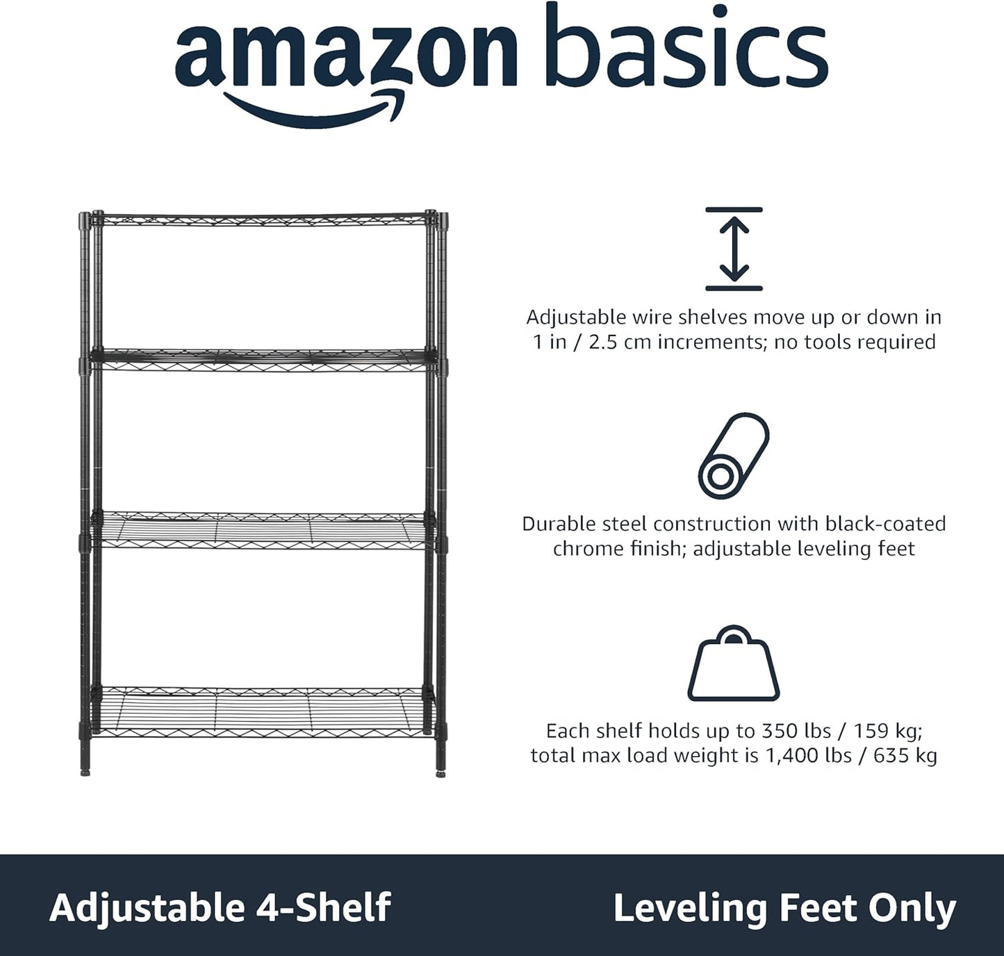 4-Shelf Storage Unit with Adjustable Shelves and Leveling Feet, 640 kg Capacity, Black, 35.6 cm D x 91.4 cm W x 137.1 cm H