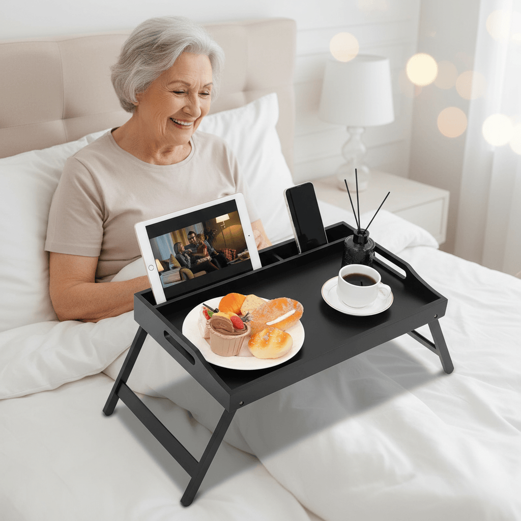 Medich Breakfast Tray Bamboo Bed Tray Table with Foldable Legs Multipurpose Lap Tray (Black)