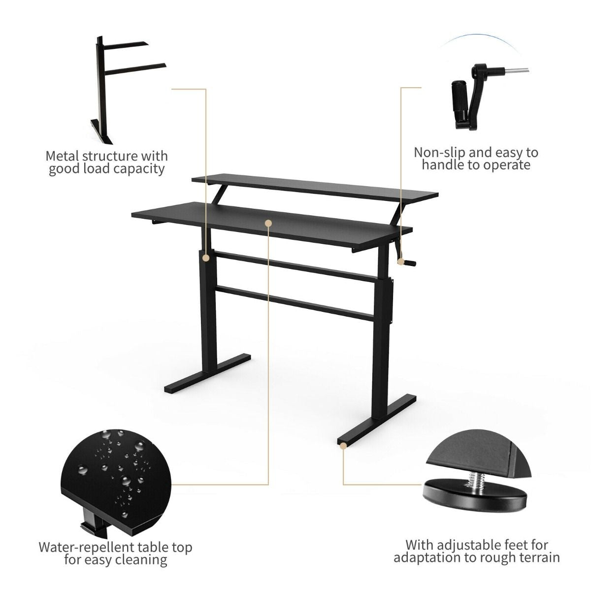2-Tier Standing Desk with Adjustable Height and Crank Handle