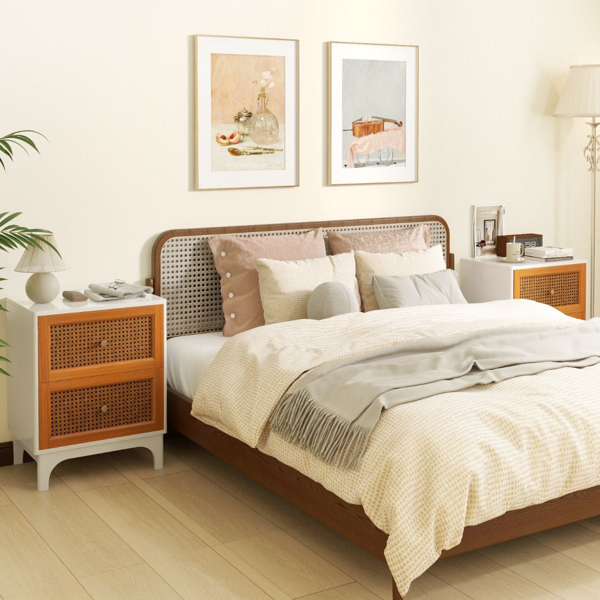 Bohemian Accent Table Featuring Two Handwoven Rattan-Decorated Drawers