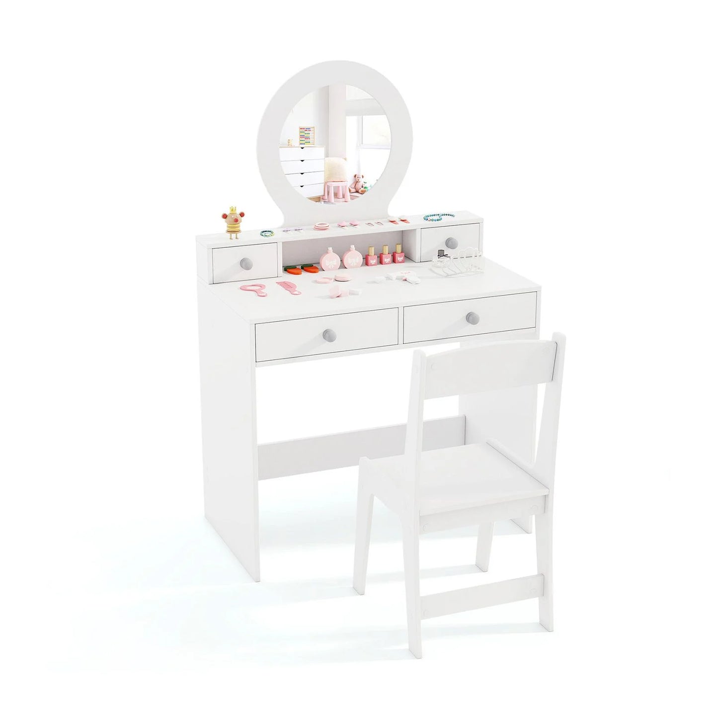Children's Vanity Set Featuring Open Shelf and Four Storage Drawers