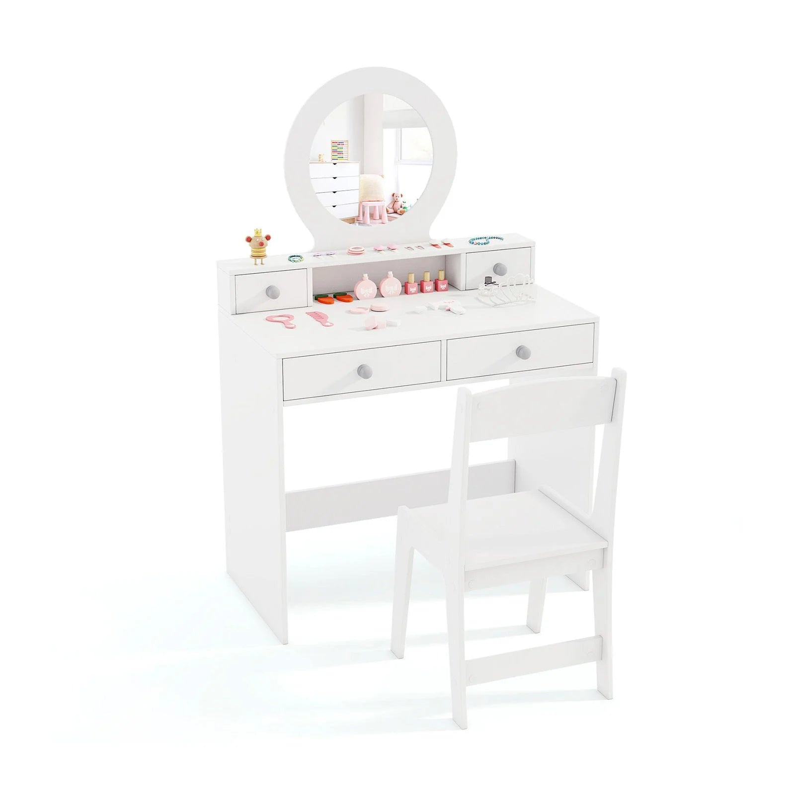Children's Vanity Set Featuring Open Shelf and Four Storage Drawers