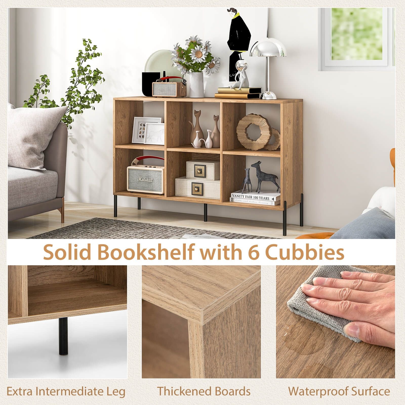 6-Cube Storage Bookcase Wooden Open Bookshelf with 5 Metal Legs