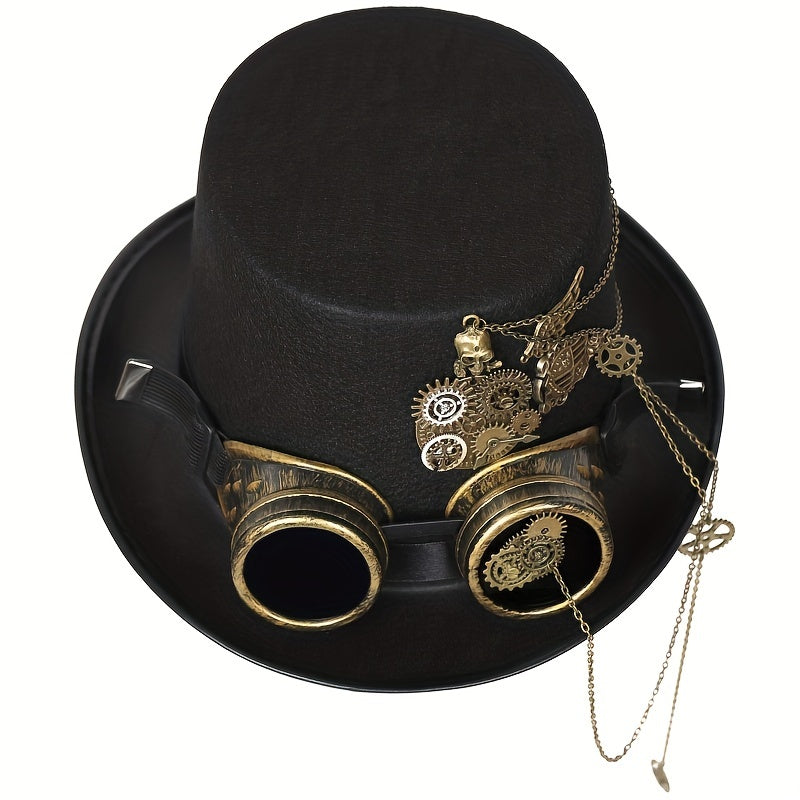 Heavy Metal Chain Teeth Skull Steampunk Hat with Detachable Goggles - Adjustable Unisex Gothic Victorian Accessory for Halloween, Cosplay & Role Play (22.83-23.23inch, Lightweight)