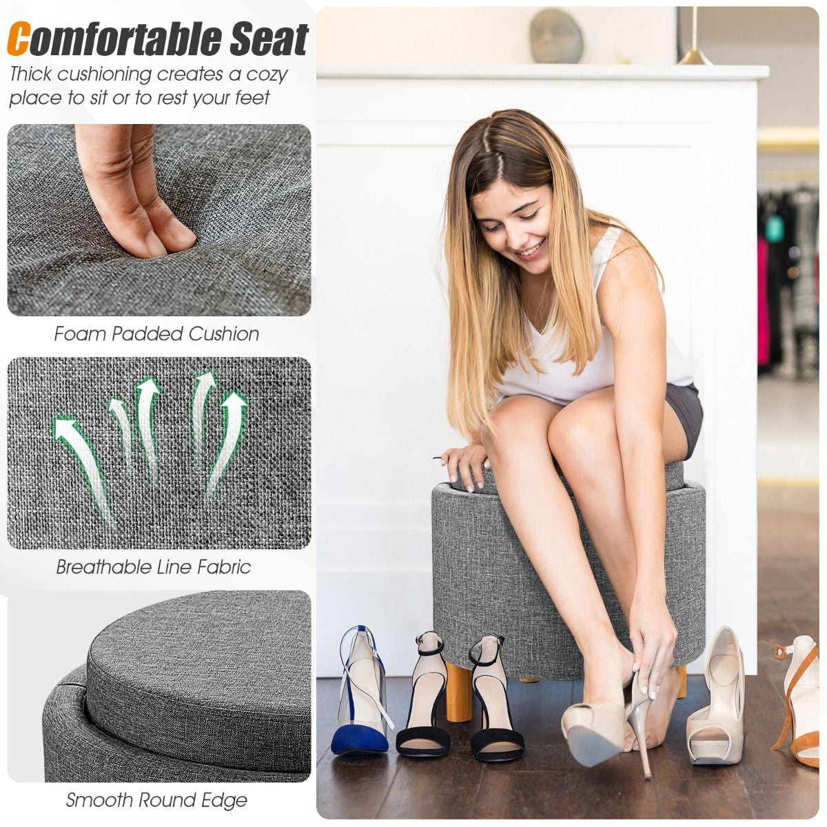 Contemporary Round Padded Ottoman with Concealed Storage Compartment