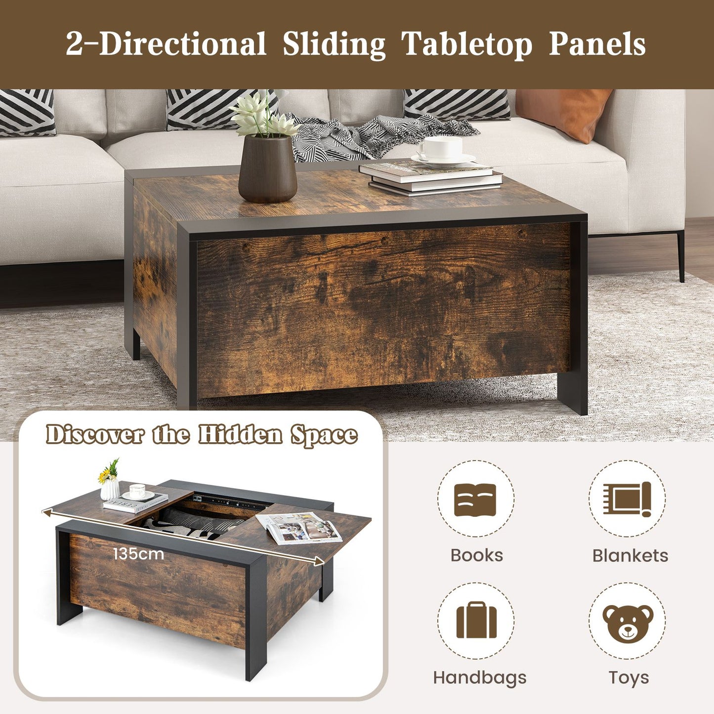 92cm Square Coffee Table with Sliding Top and Concealed Storage Compartment
